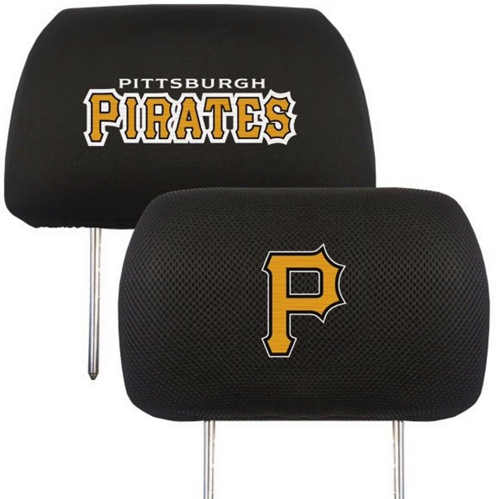 Pittsburgh Pirates Pair of Premium Auto Head Rest Covers, Embroidered, Black Elastic, 14x10 Inch