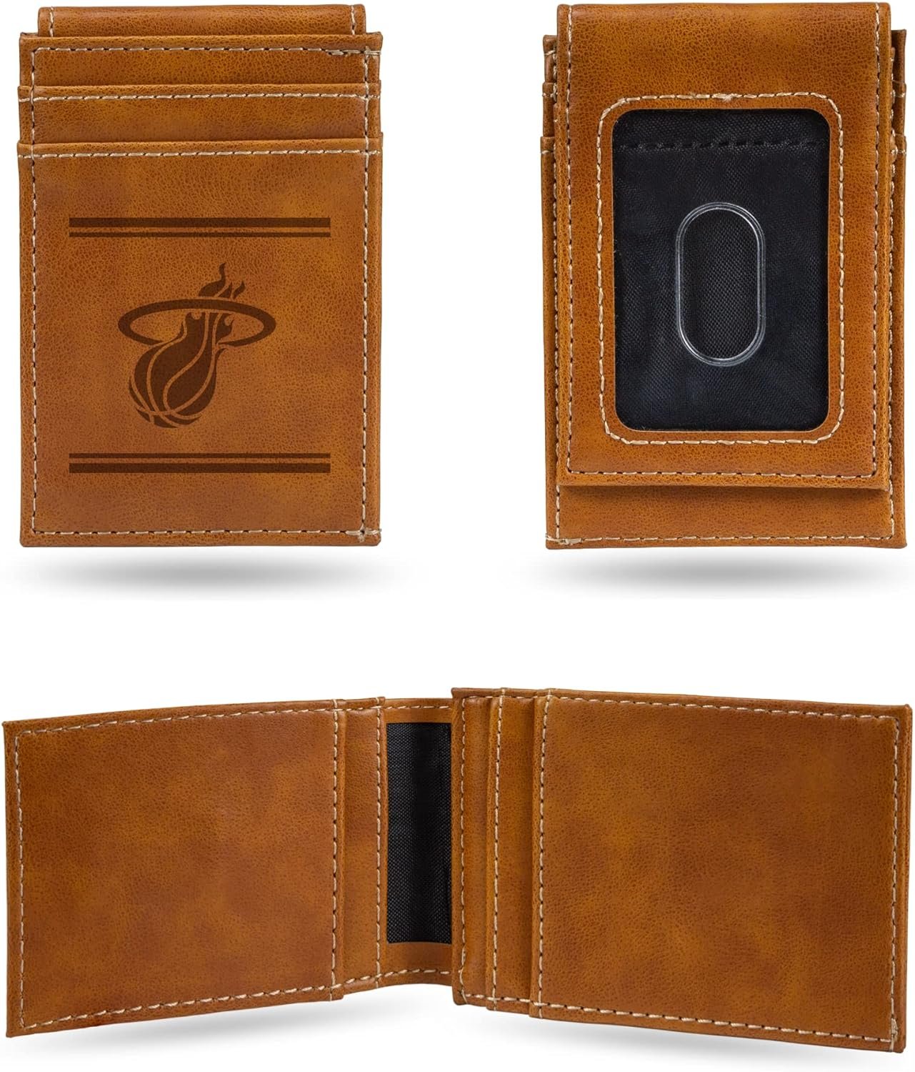 Miami Heat Premium Brown Leather Wallet, Front Pocket Magnetic Money Clip, Laser Engraved, Vegan