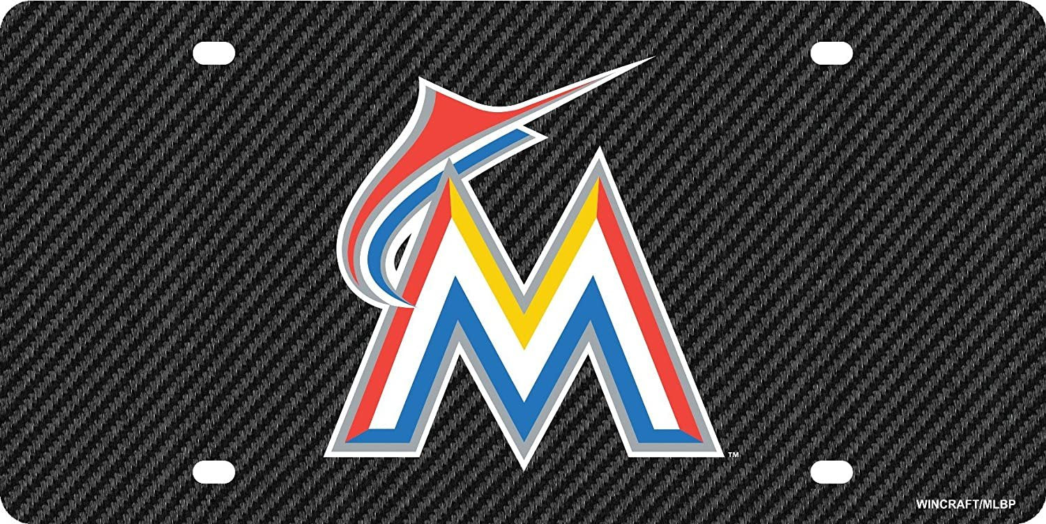 Miami Marlins Premium Laser Cut Tag License Plate, Carbon Fiber Design, Mirrored Acrylic Inlaid, 6x12 Inch