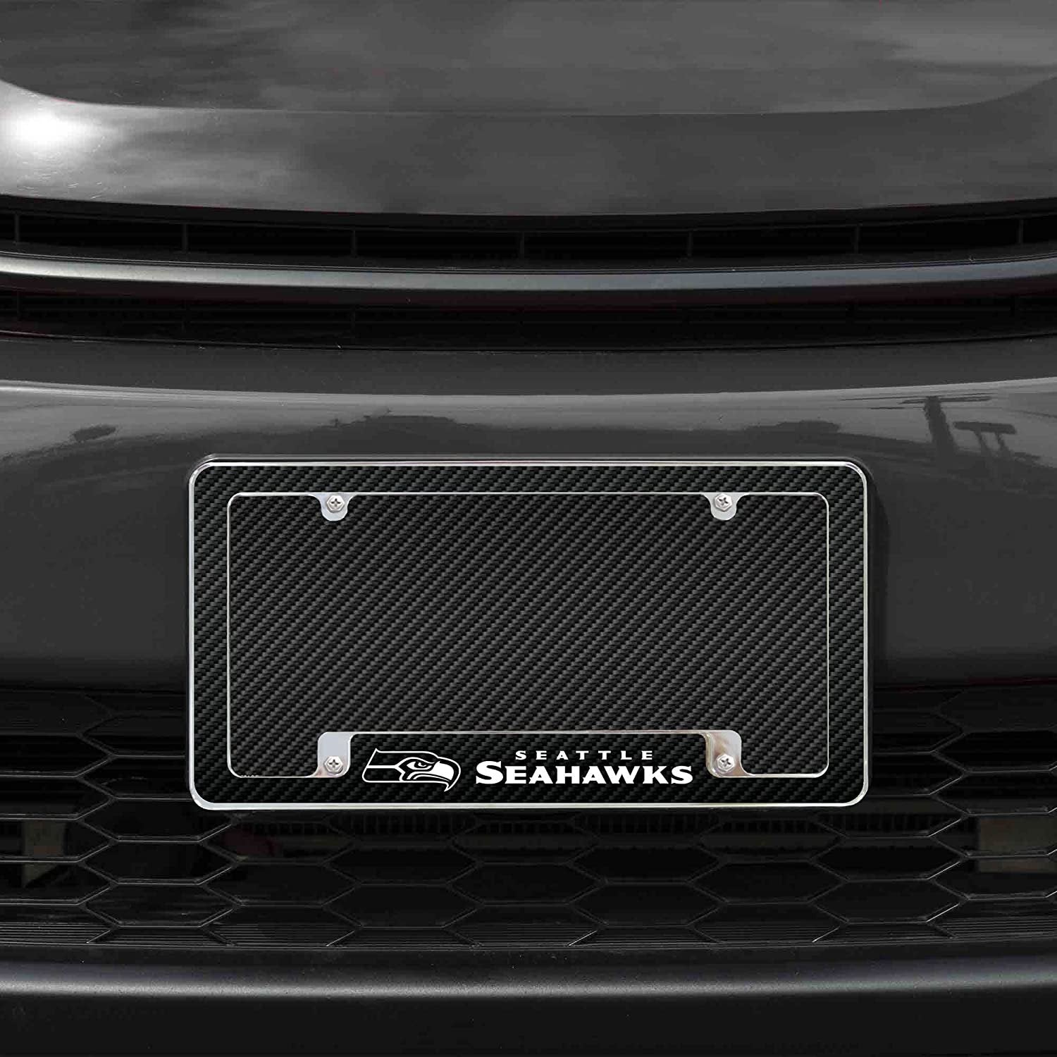 Seattle Seahawks Metal License Plate Frame Chrome Tag Cover Carbon Fiber Design 6x12 Inch