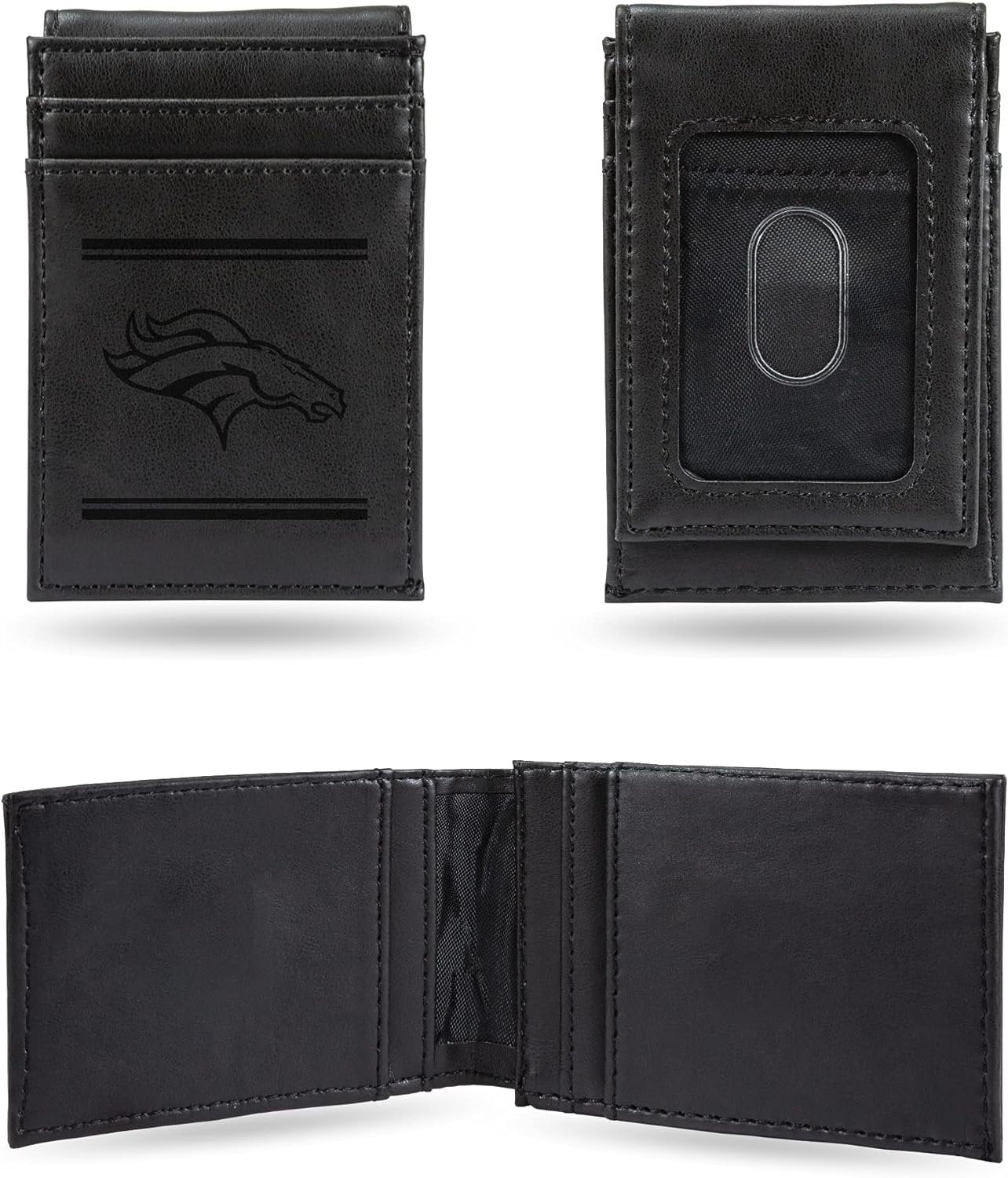 Denver Broncos Premium Black Leather Wallet, Front Pocket Magnetic Money Clip, Laser Engraved, Vegan