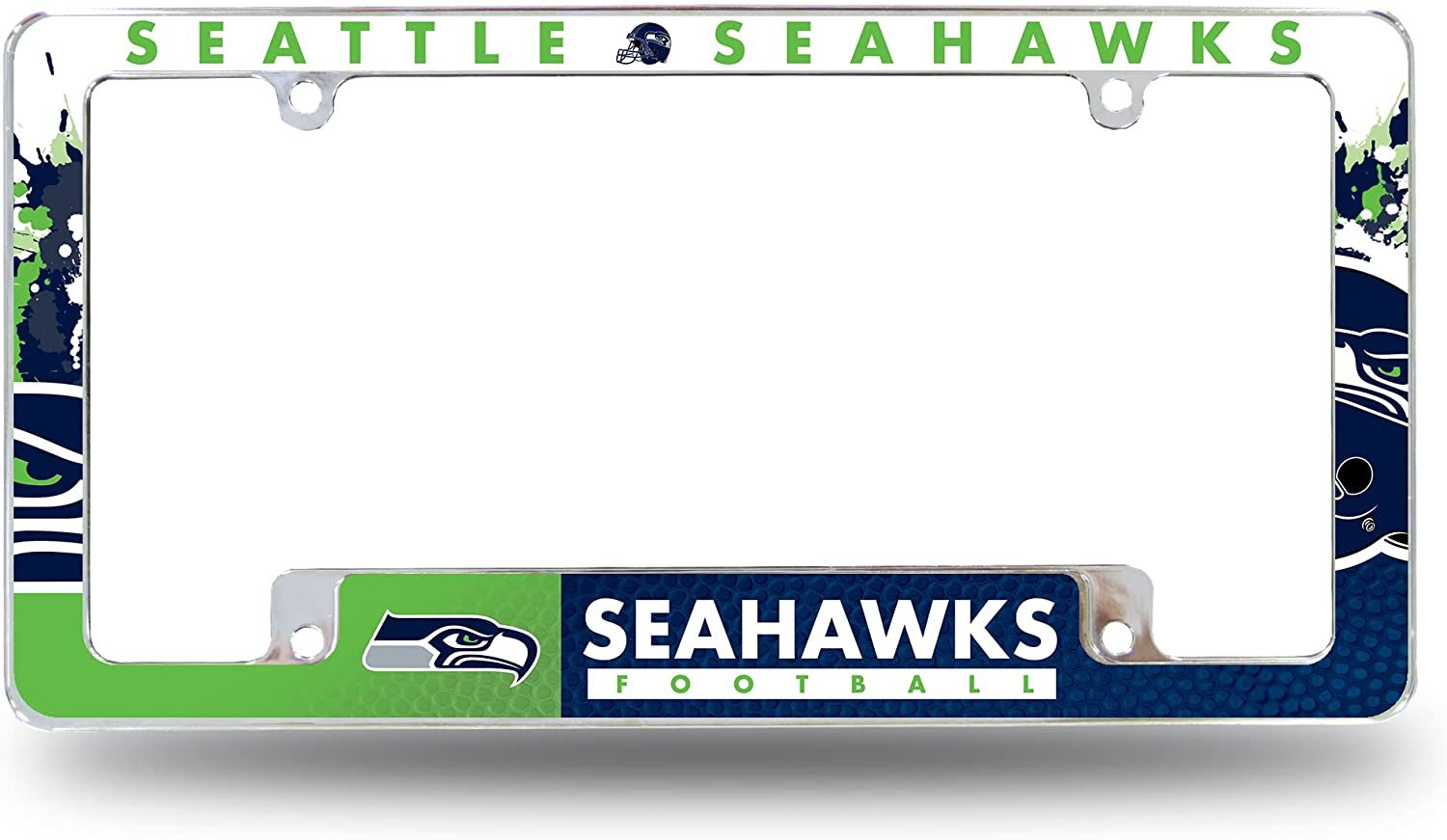 Seattle Seahawks Metal License Plate Frame Chrome Tag Cover All Over Design 12x6 Inch