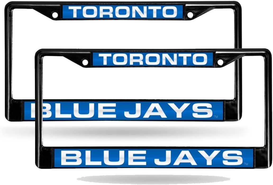 Toronto Blue Jays Pair of Black Metal License Plate Frame Tag Cover, Laser Acrylic Mirrored Inserts, 12x6 Inch