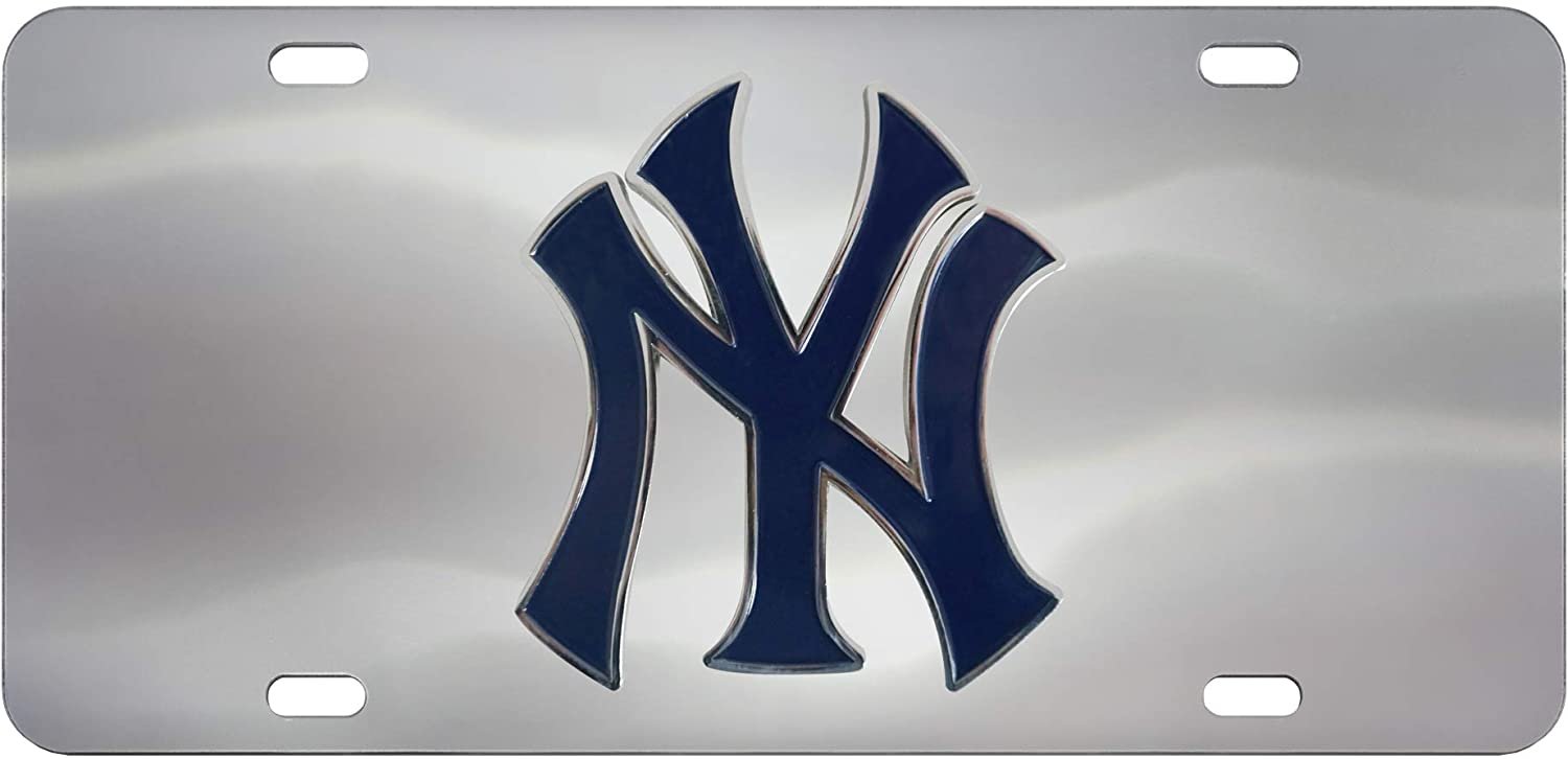 New York Yankees License Plate Tag, Premium Stainless Steel Diecast, Chrome, Raised Solid Metal Color Emblem, 6x12 Inch