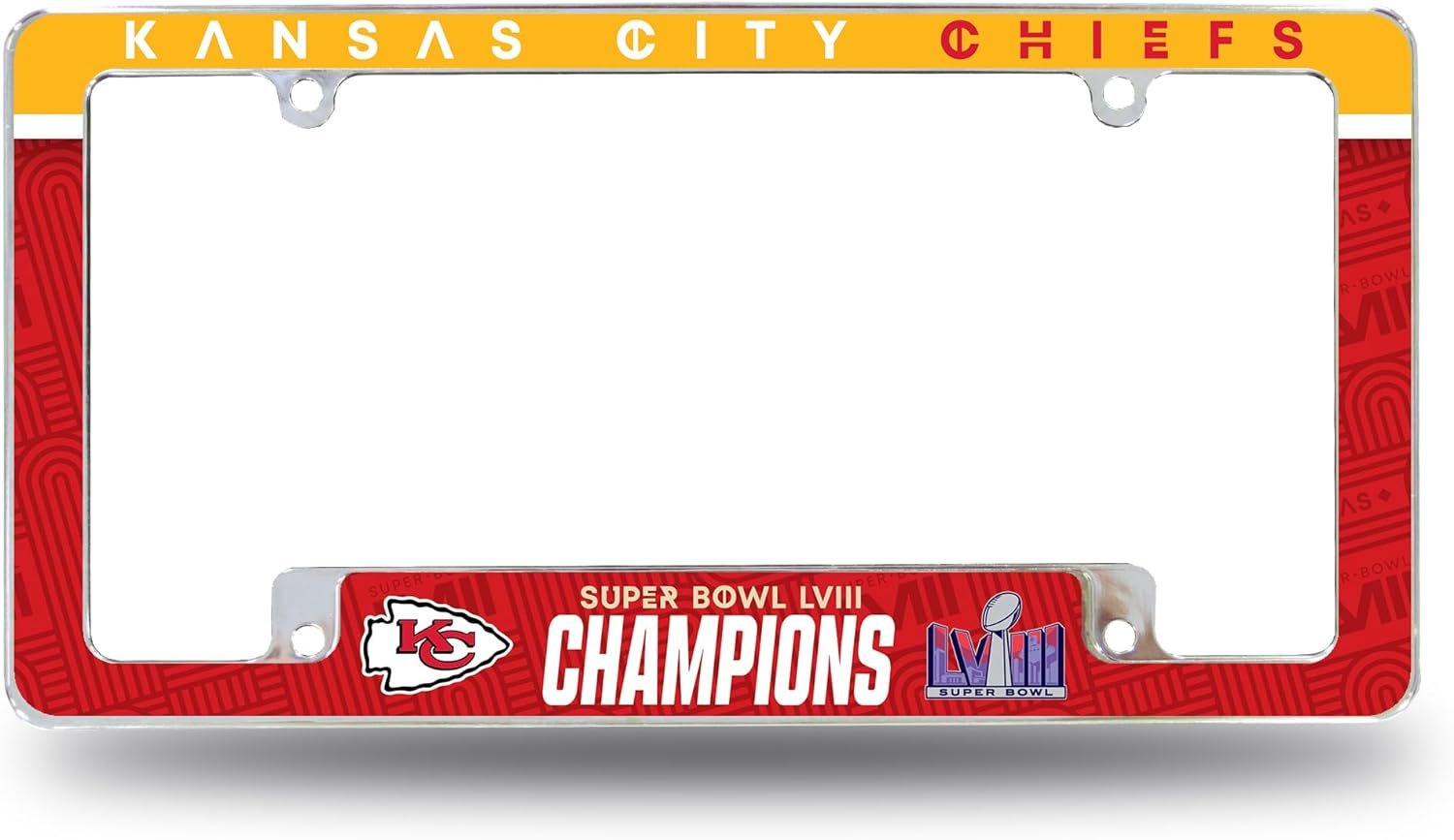 Kansas City Chiefs 2024 Super Bowl LVIII Champions Chrome Metal License Plate Tag Frame Cover, All Over Design, 12x6 Inch