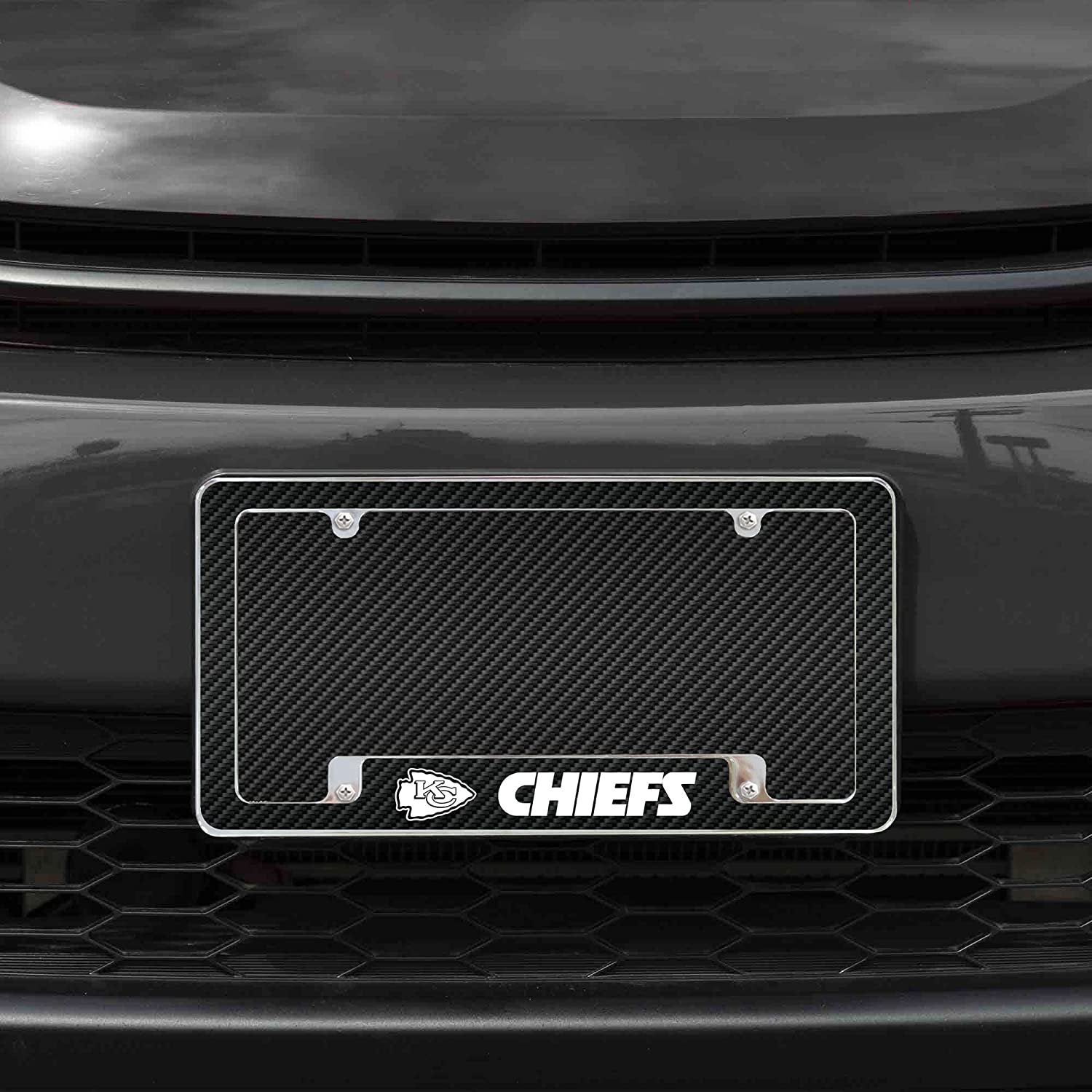 Kansas City Chiefs Metal License Plate Frame Chrome Tag Cover Carbon Fiber Design 6x12 Inch