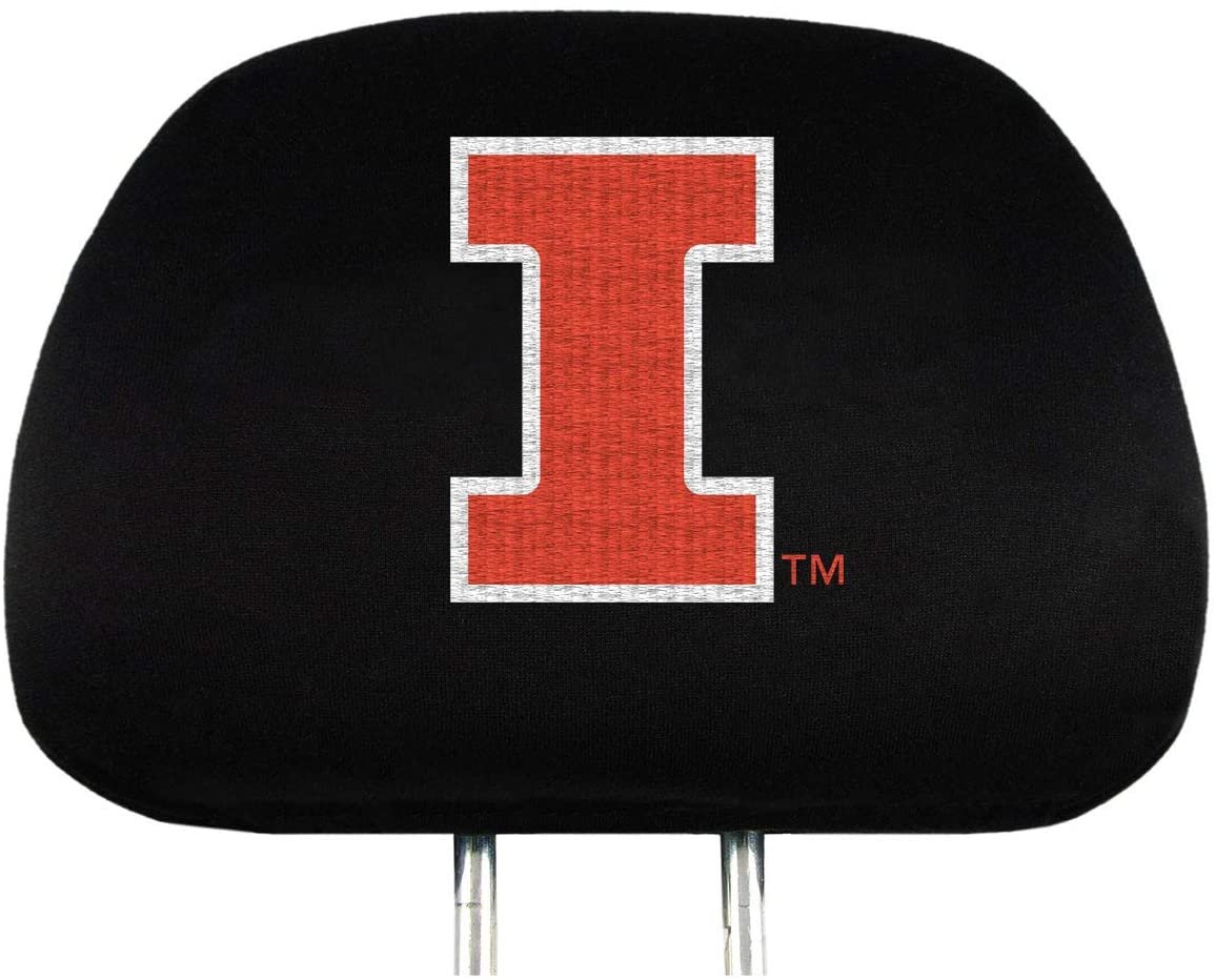 University of Illinois Illini Pair of Premium Auto Head Rest Covers, Embroidered, Black Elastic, 14x10 Inch