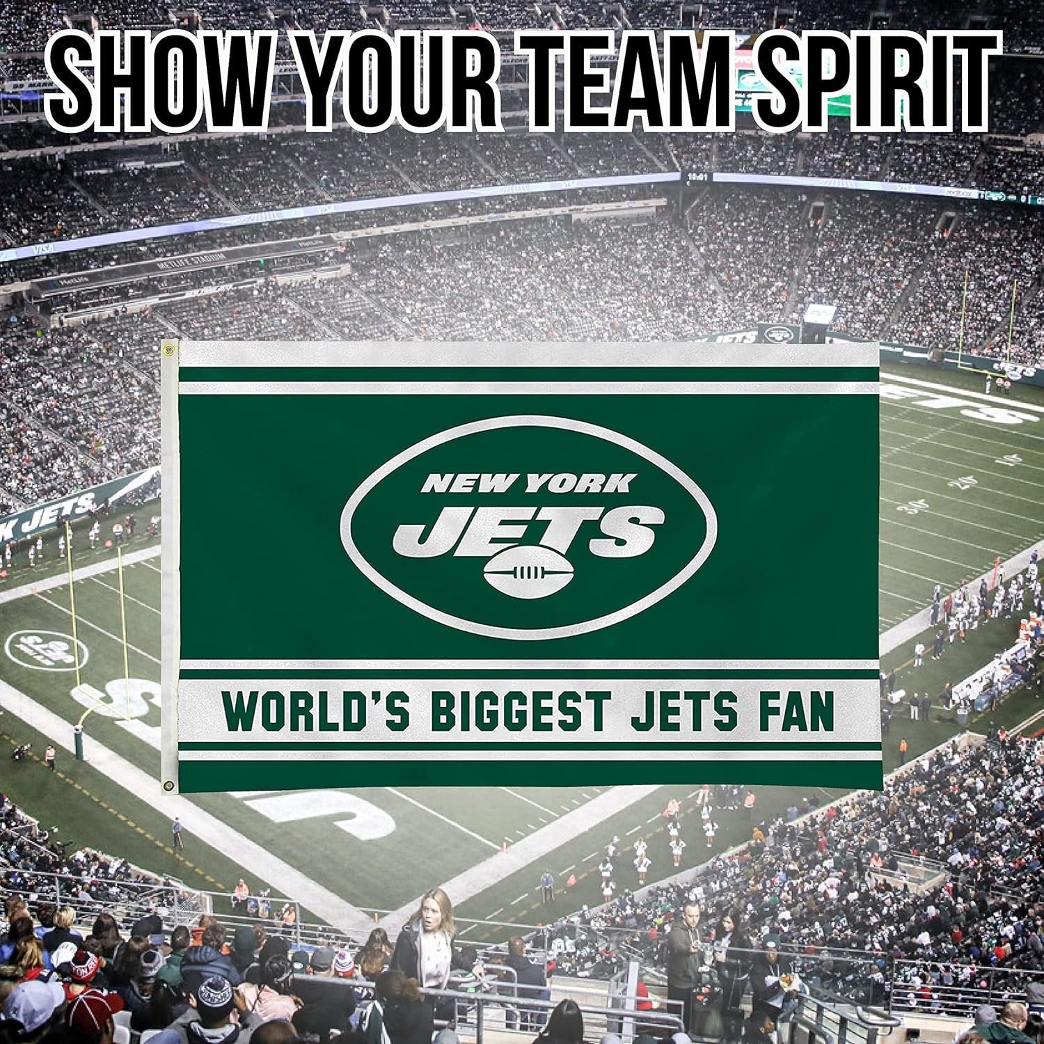 New York Jets 3x5 Feet Flag Banner, World's Biggest Fan, Metal Grommets, Single Sided, Indoor or Outdoor Use