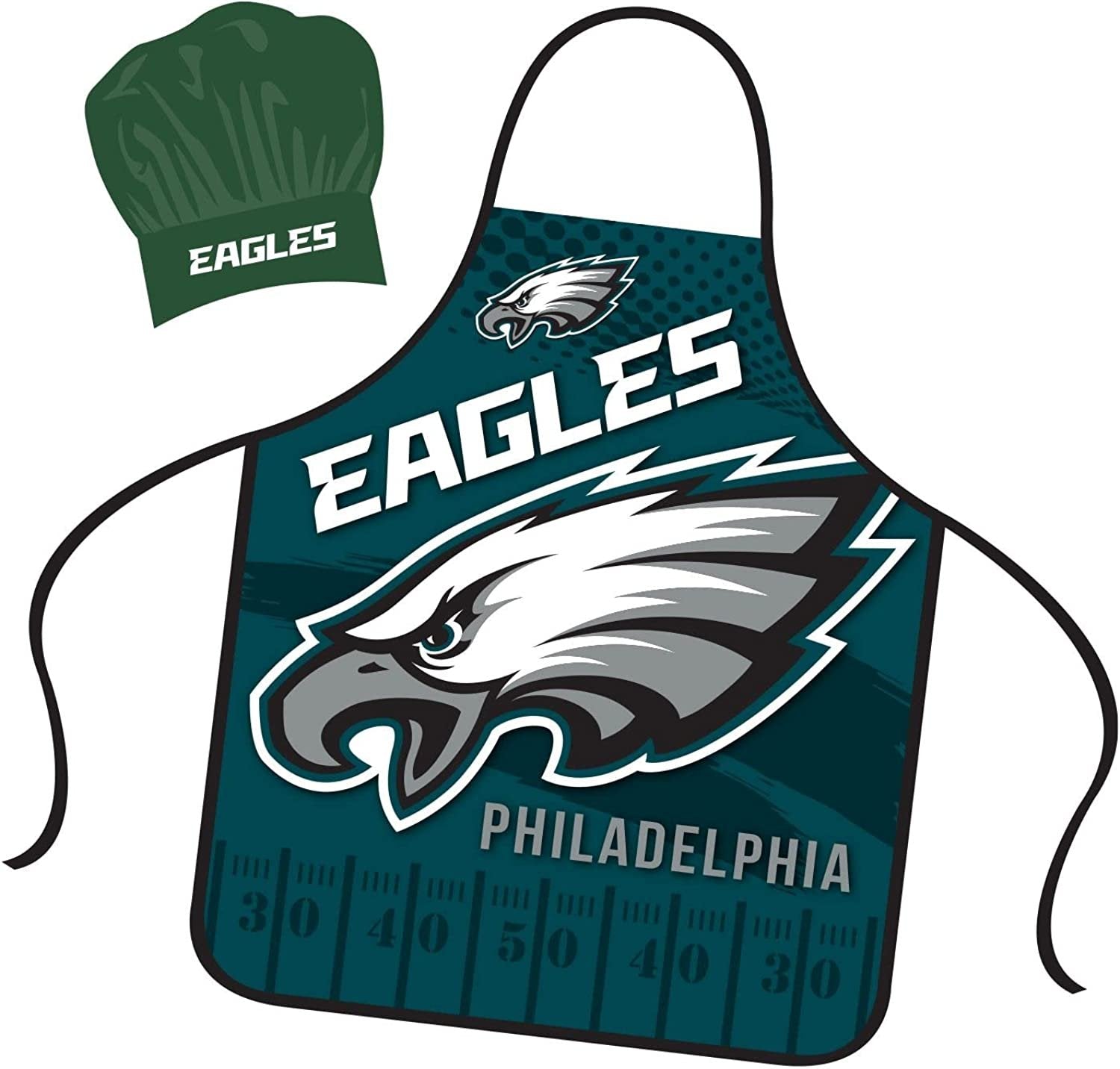 Philadelphia Eagles Apron Chef Hat Set Full Color Universal Size Tie Back Grilling Tailgate BBQ Cooking Host
