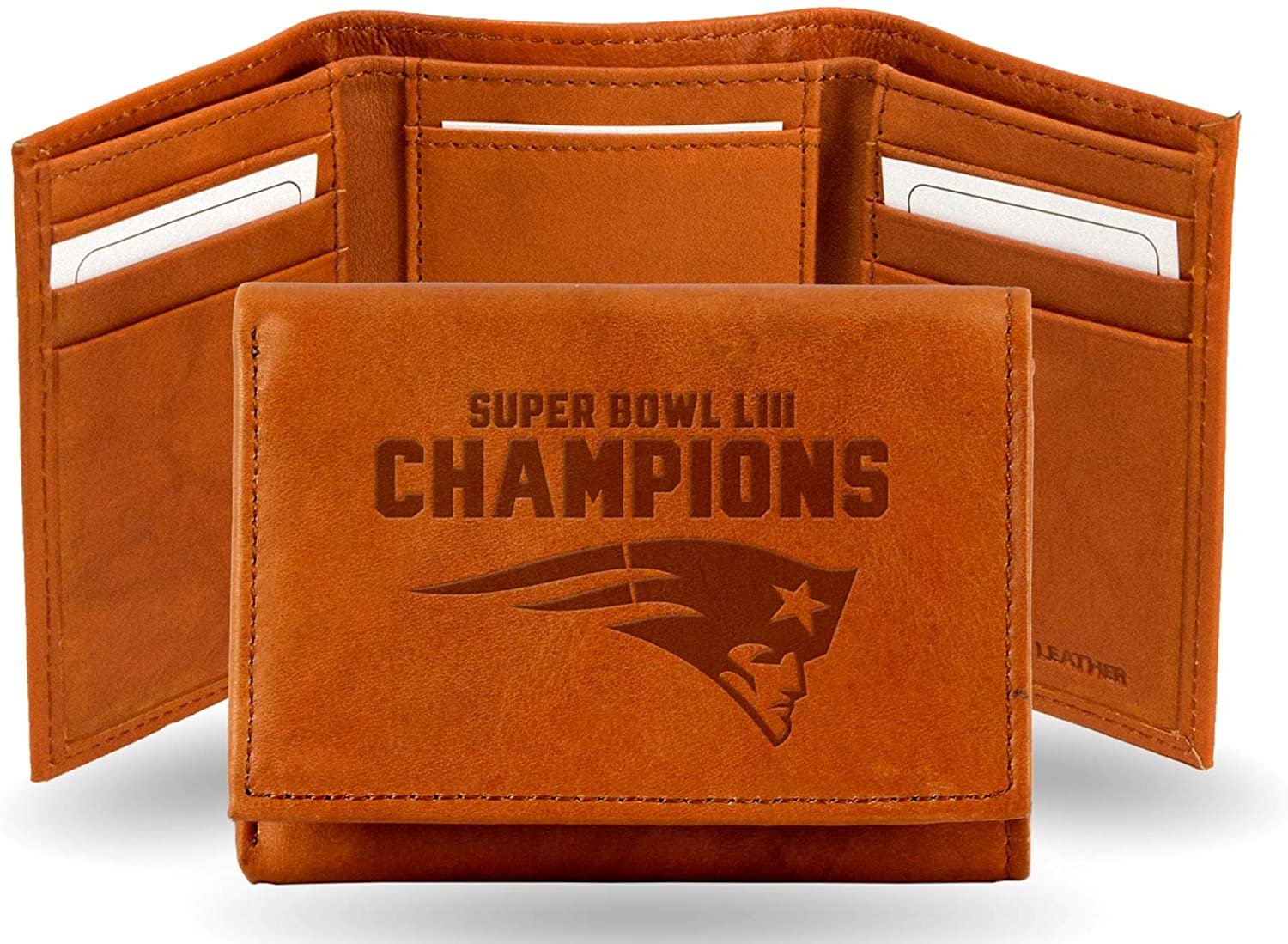 New England Patriots Super Bowl LIII Champions Premium Brown Leather Wallet, Trifold, Embossed Laser Engraved
