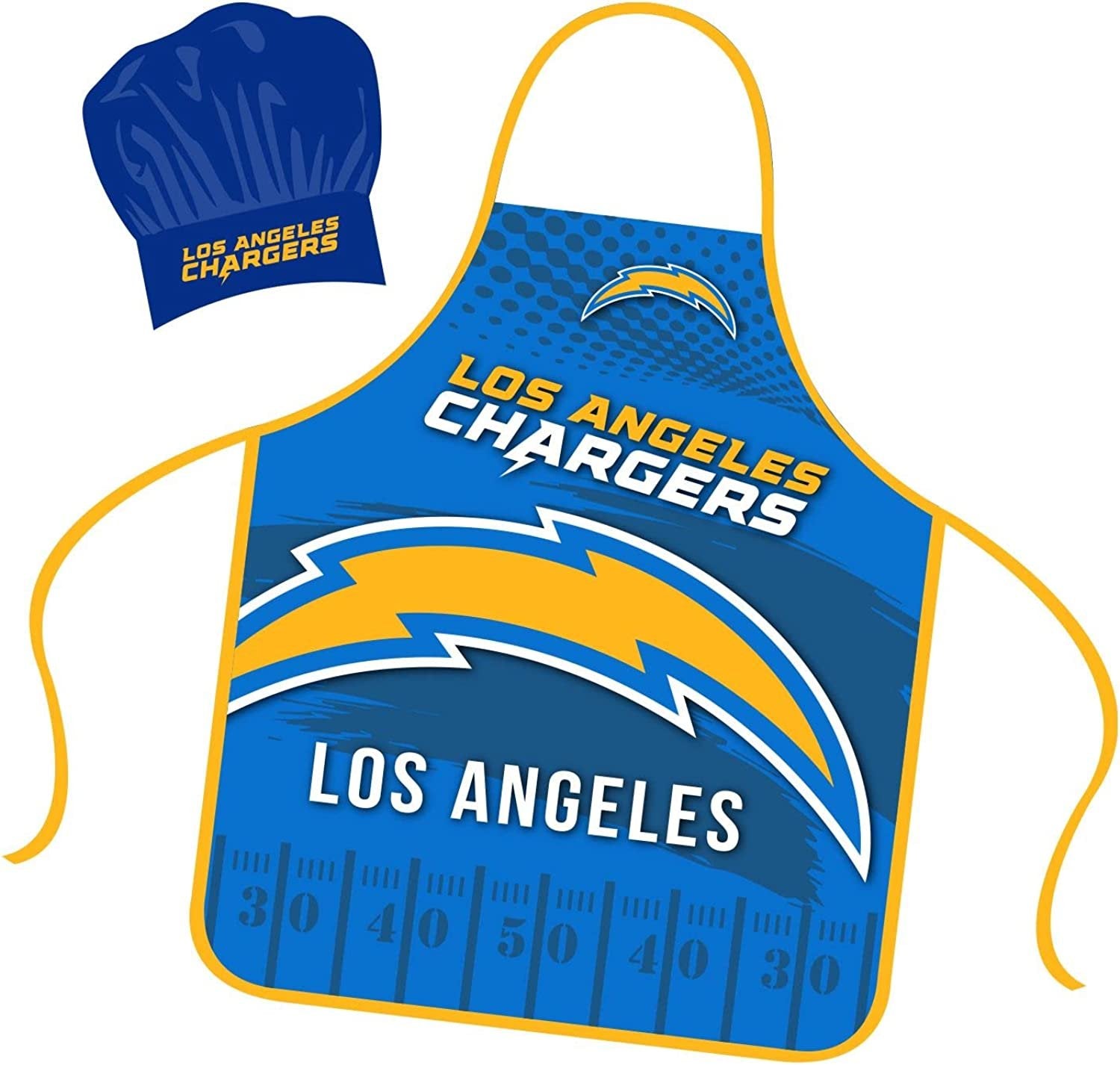 Los Angeles Chargers Apron Chef Hat Set Full Color Universal Size Tie Back Grilling Tailgate BBQ Cooking Host