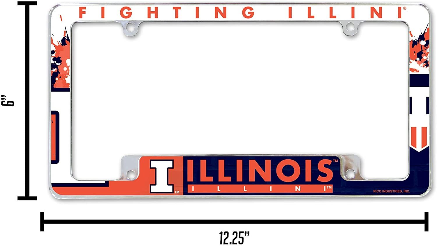 University of Illinois Fighting Illini Metal License Plate Frame Chrome Tag Cover All Over Design 6x12 Inch