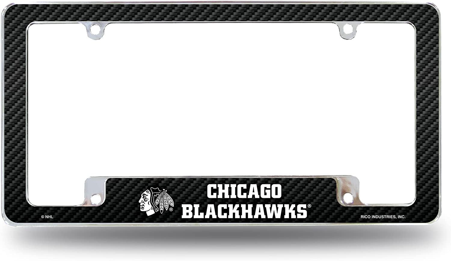 Chicago Blackhawks Metal License Plate Frame Chrome Tag Cover Carbon Fiber Design 6x12 Inch