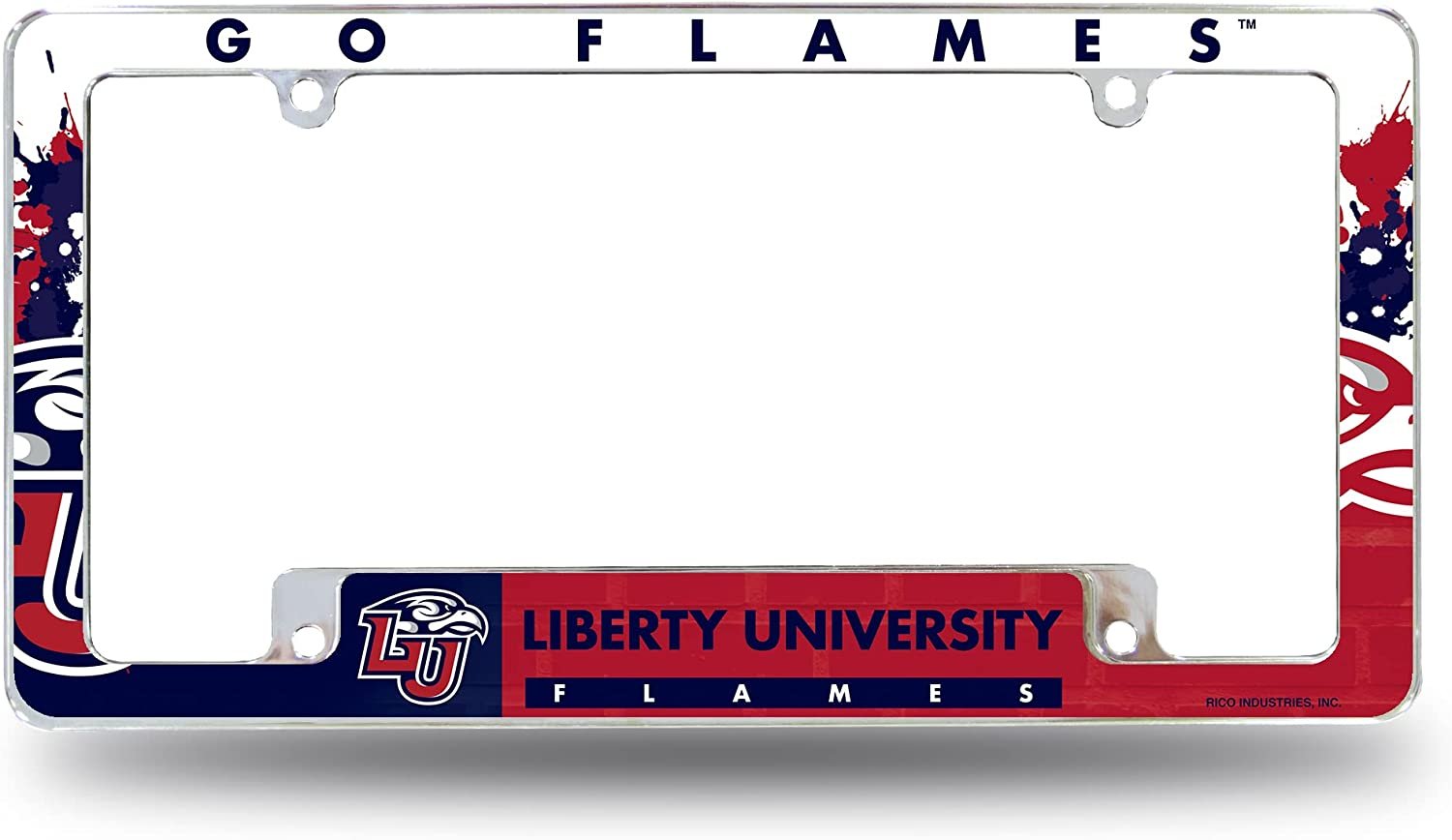 Liberty University Flames Metal License Plate Frame Chrome Tag Cover All Over Design 6x12 Inch