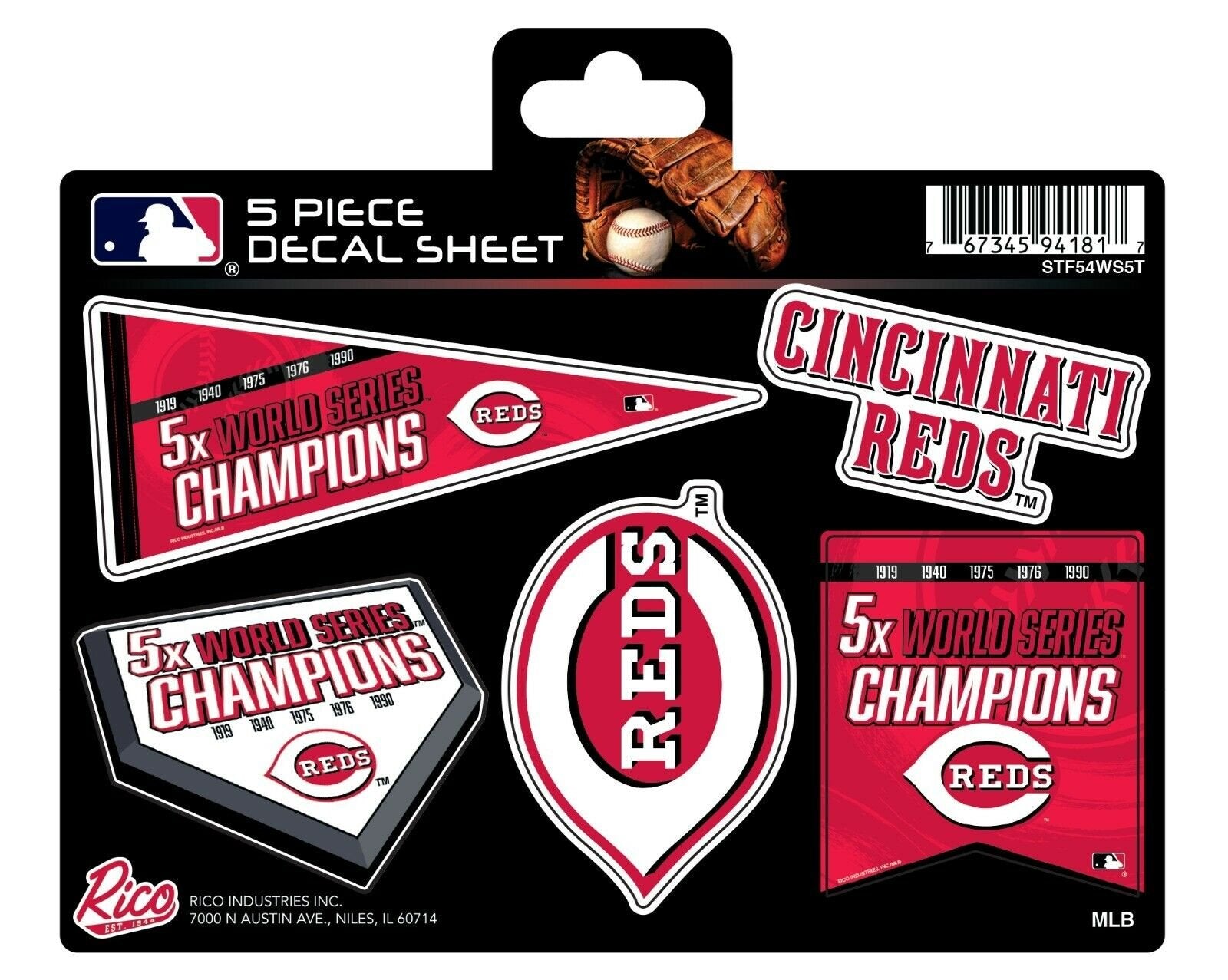 Cincinnati Reds Decal Sticker 5X Time Champions 5 Piece Sheet Emblem Baseball