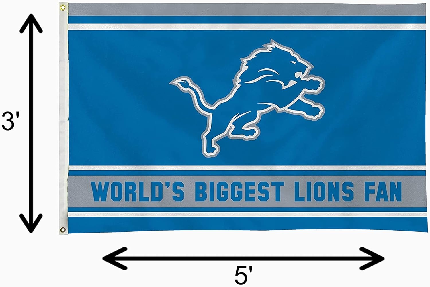 Detroit Lions 3x5 Feet Flag Banner, World's Biggest Fan, Metal Grommets, Single Sided, Indoor or Outdoor Use