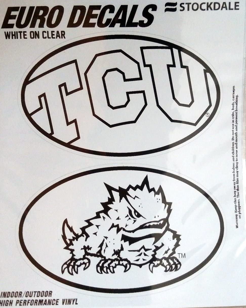 Texas Christian University Horned Frogs TCU 2-Piece White and Clear Euro Decal Sticker Set, 4x2.5 Inch Each