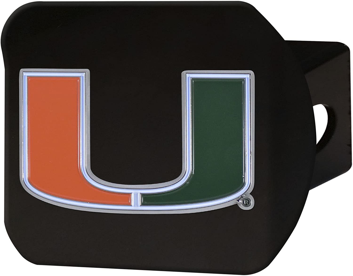 Miami Hurricanes Solid Metal Black Hitch Cover with Color Metal Emblem 2 Inch Square Type III University of