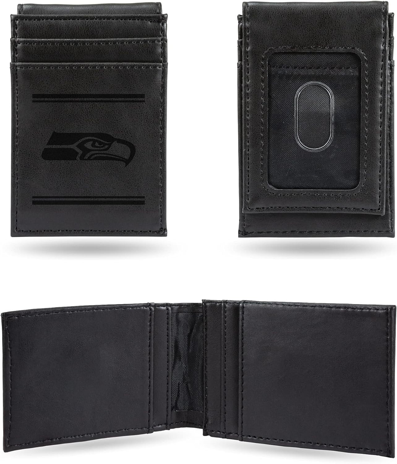 Seattle Seahawks Premium Black Leather Wallet, Front Pocket Magnetic Money Clip, Laser Engraved, Vegan