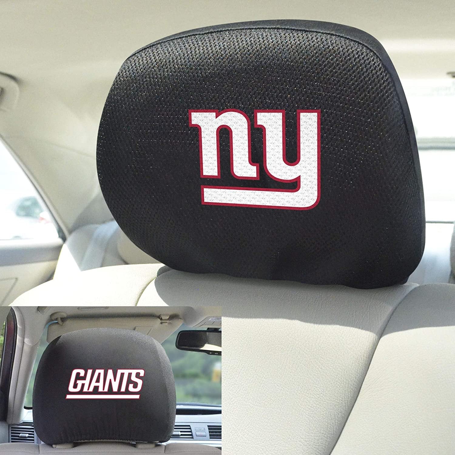 New York Giants Pair of Premium Auto Head Rest Covers, Embroidered, Black Elastic, 14x10 Inch