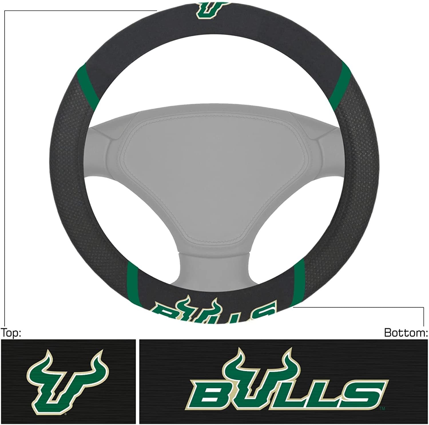 South Florida Bulls USF Steering Wheel Cover Premium Embroidered Black 15 Inch University of