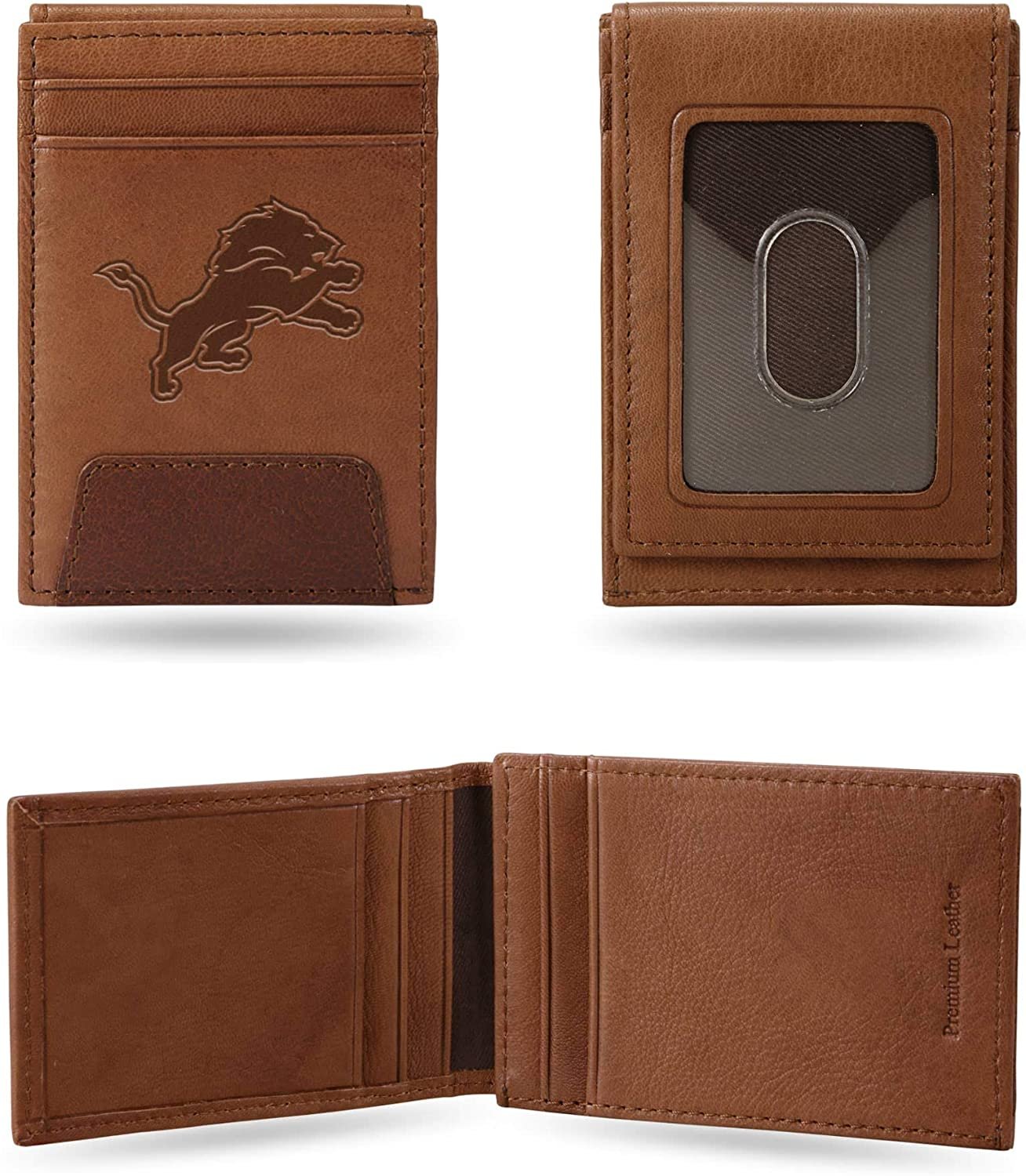 Detroit Lions Premium Brown Leather Wallet, Front Pocket Magnetic Money Clip, Laser Engraved