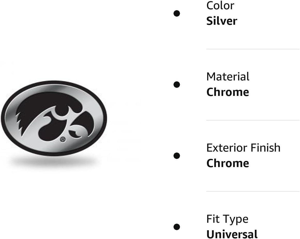 University of Iowa Hawkeyes Auto Emblem, Silver Chrome Color, Raised Molded Plastic, 3.5 Inch, Adhesive Tape Backing