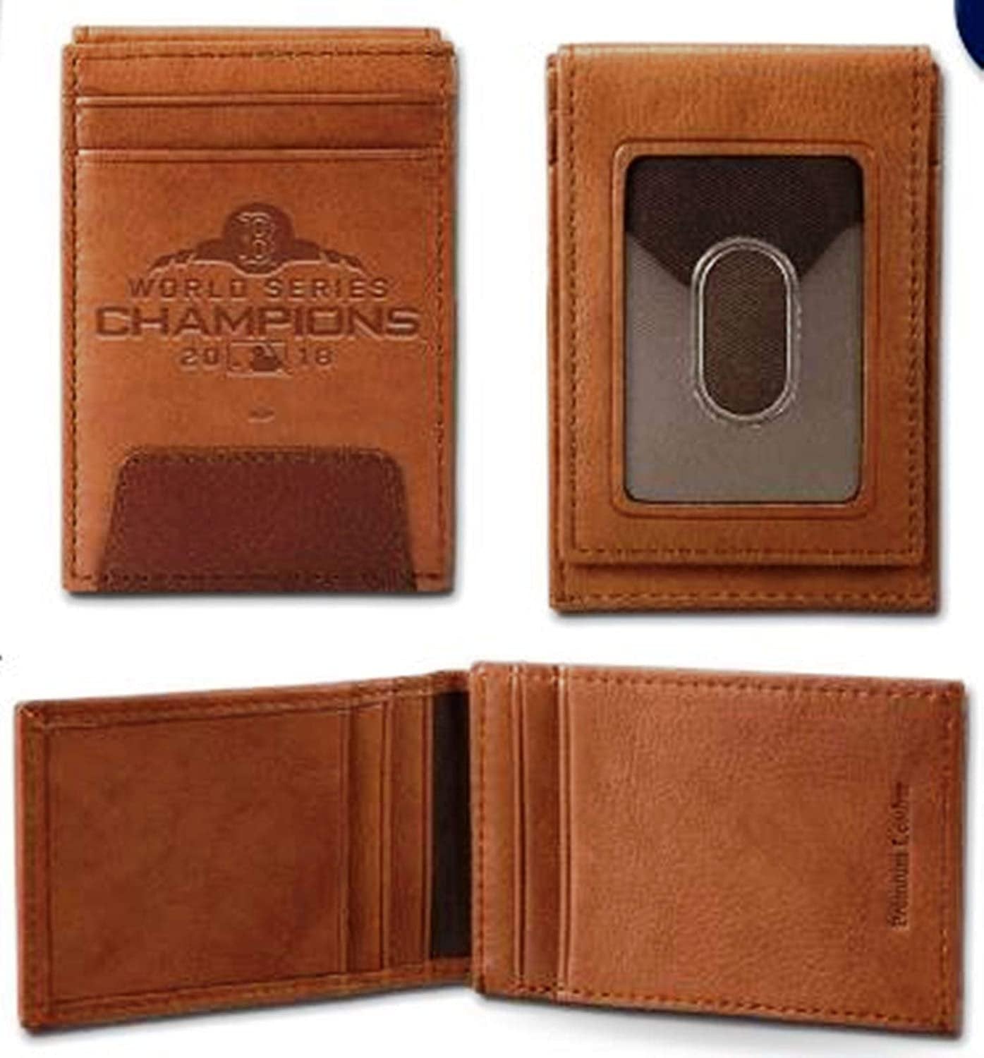 Boston Red Sox 2018 World Series Champions Premium Brown Leather Wallet, Front Pocket Magnetic Money Clip, Laser Engraved