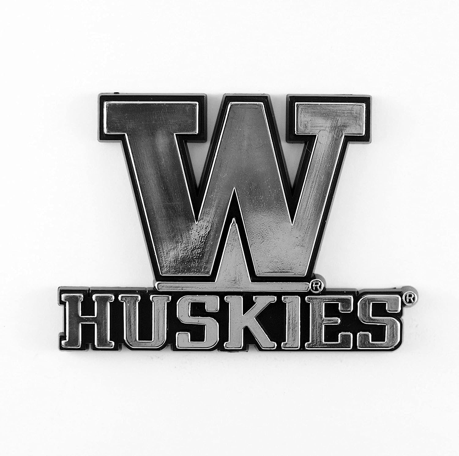 University of Washington Huskies Silver Chrome Color Auto Emblem Raised Molded Adhesive Tape Backing