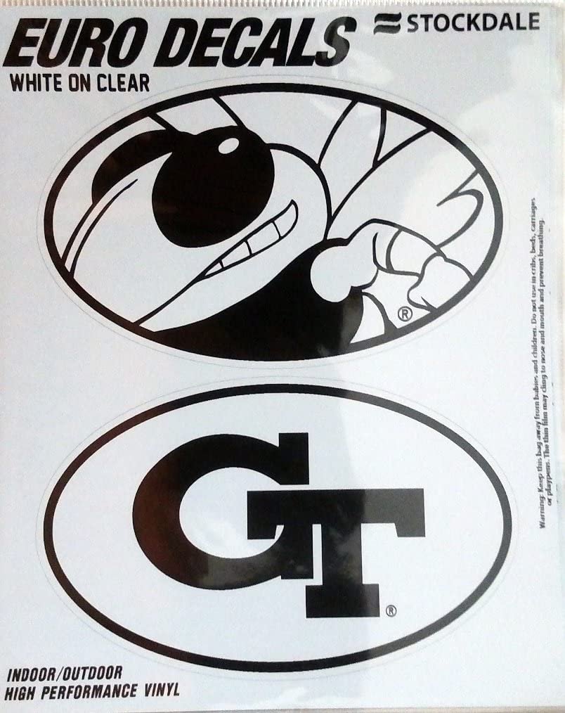 Georgia Tech University Yellow Jackets 2-Piece White and Clear Euro Decal Sticker Set, 4x2.5 Inch Each