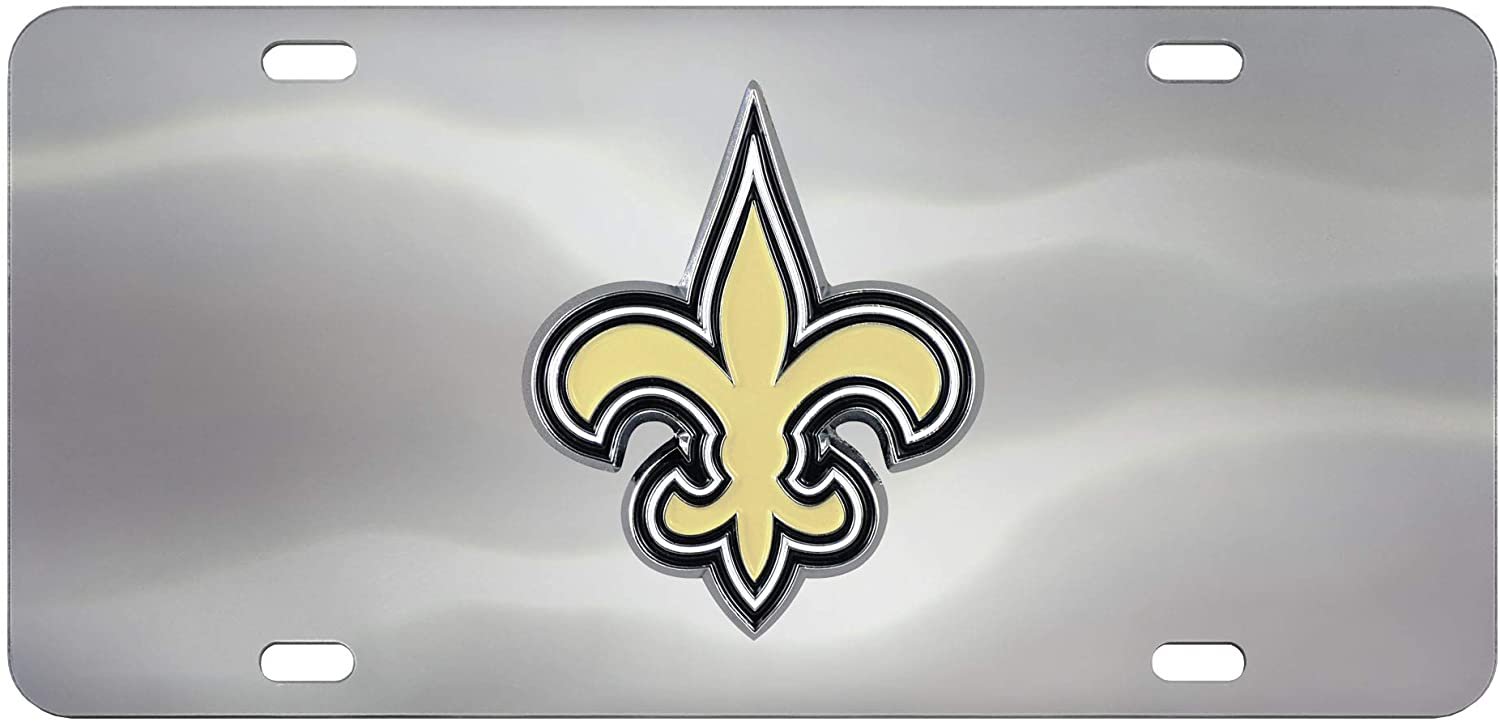 New Orleans Saints License Plate Tag, Premium Stainless Steel Diecast, Chrome, Raised Solid Metal Color Emblem, 6x12 Inch