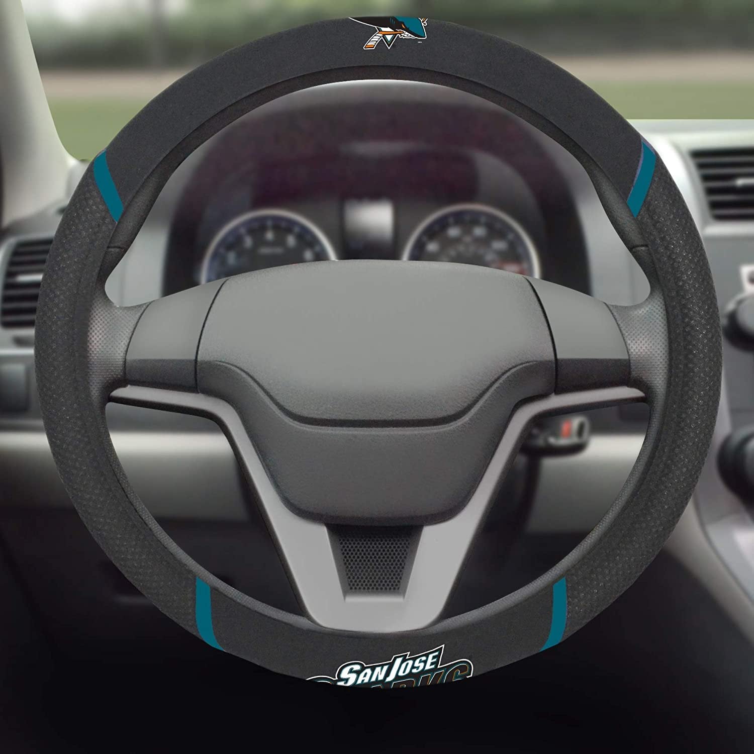 San Jose Sharks Steering Wheel Cover Premium Embroidered Black 15 Inch