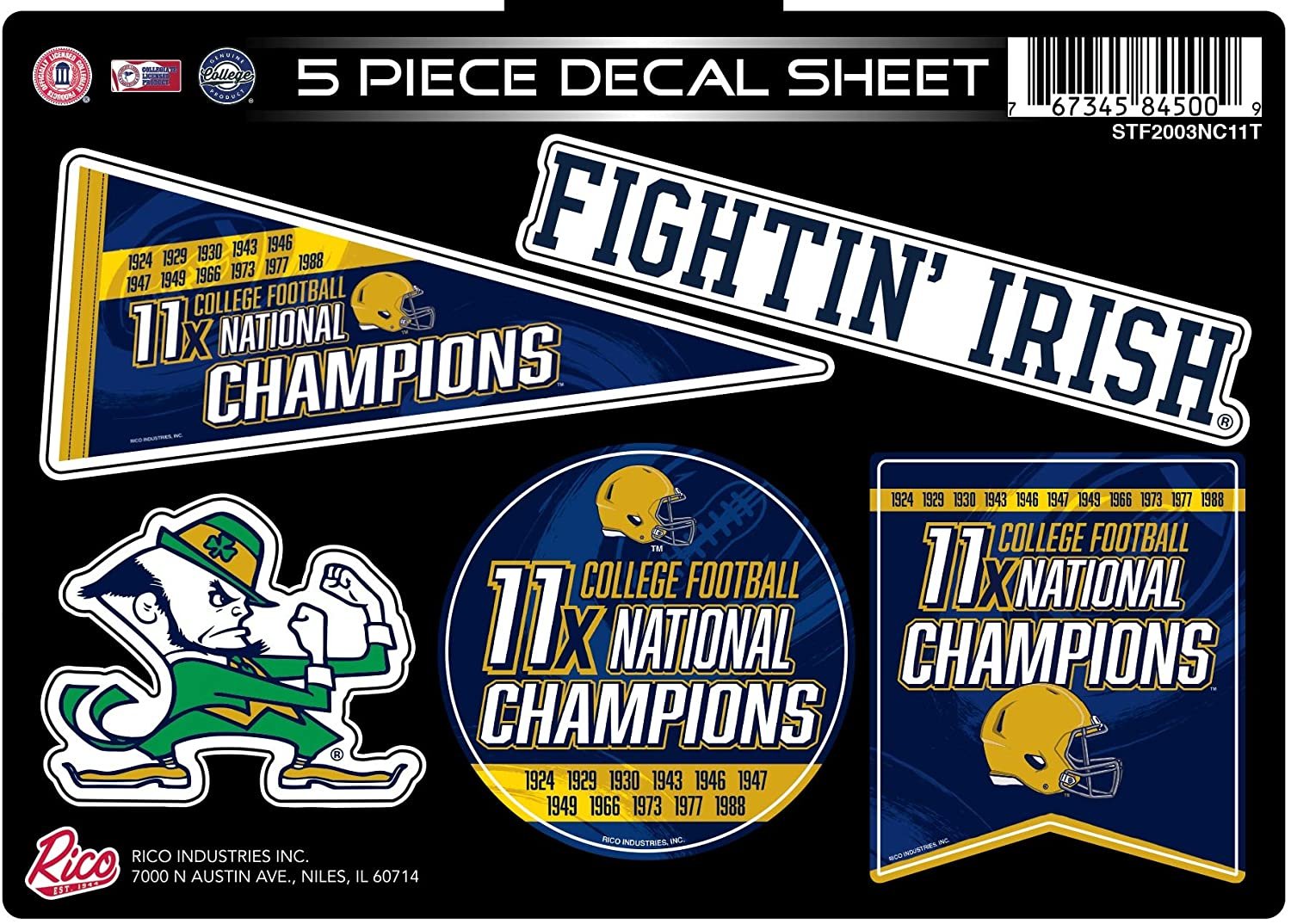 Notre Dame Fighting Irish Decal Sticker Sheet 11X Time Champions 5 Piece Multi Sheet Flat Vinyl Emblem College Football University of