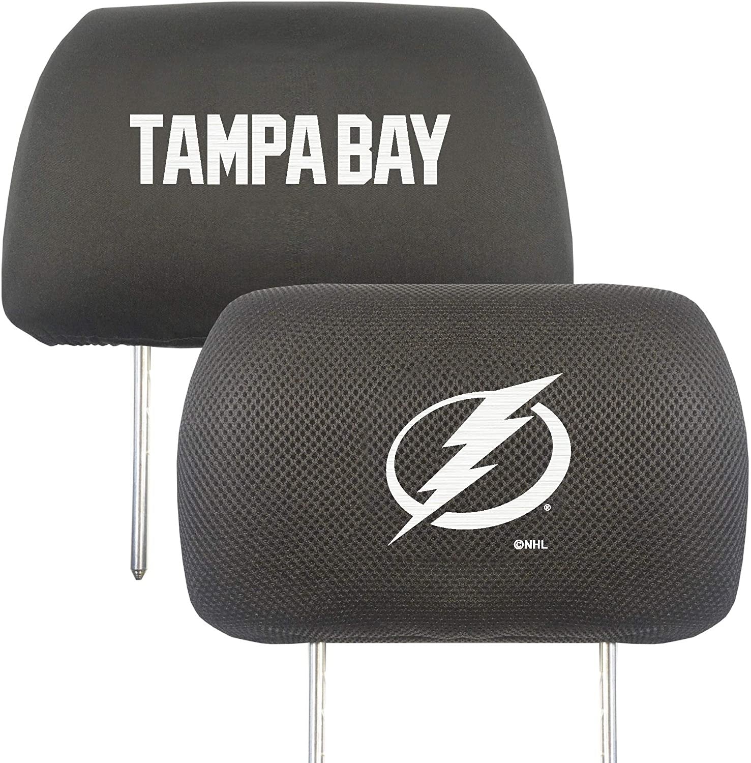 Tampa Bay Lightning Pair of Premium Auto Head Rest Covers, Embroidered, Black Elastic, 14x10 Inch