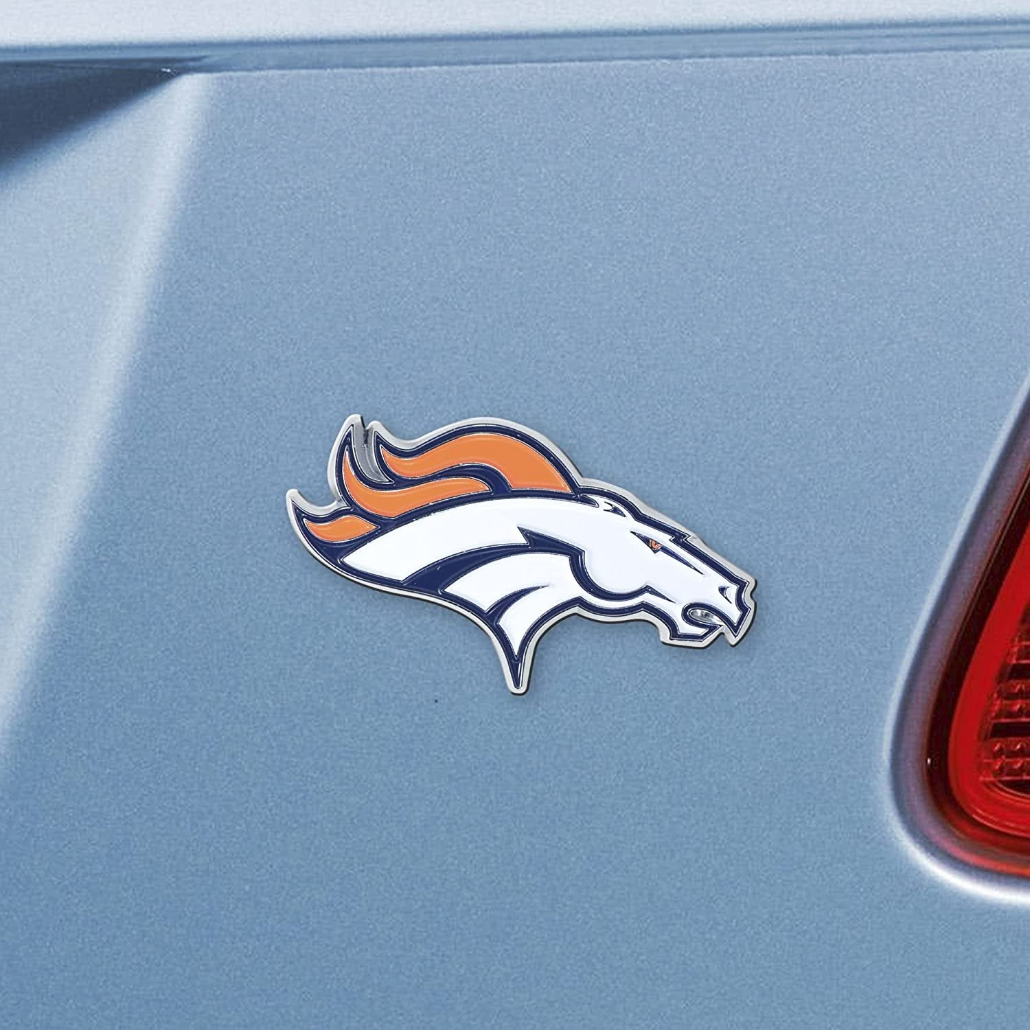 Denver Broncos Premium Solid Metal Raised Auto Emblem, Team Color, Shape Cut, Adhesive Backing