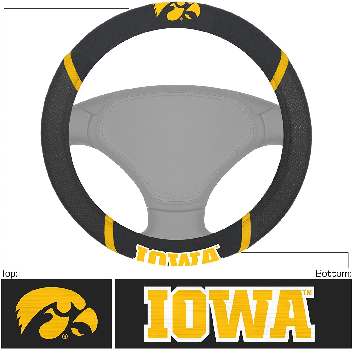 Iowa Hawkeyes Steering Wheel Cover Premium Embroidered Black 15 Inch University of