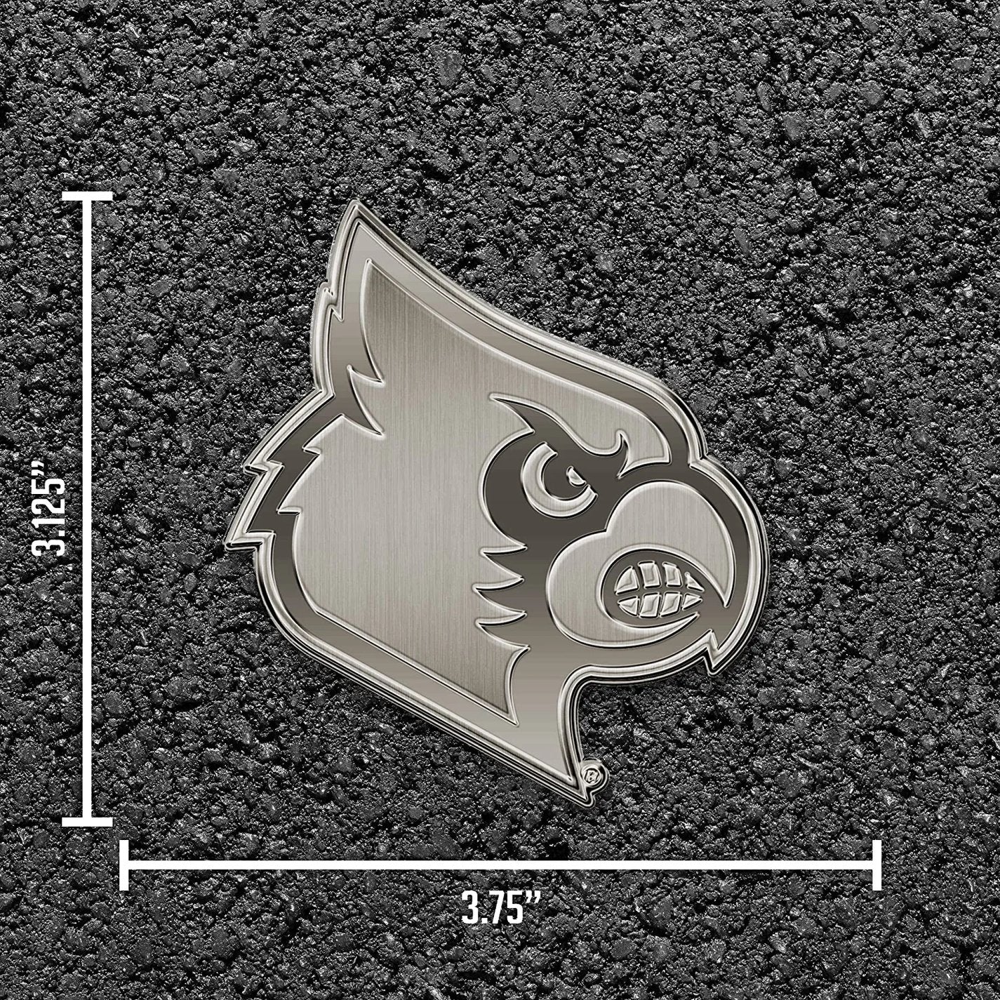 University of Louisville Cardinals Premium Solid Metal Raised Auto Emblem, Antique Nickel Finish, Shape Cut, Adhesive Backing
