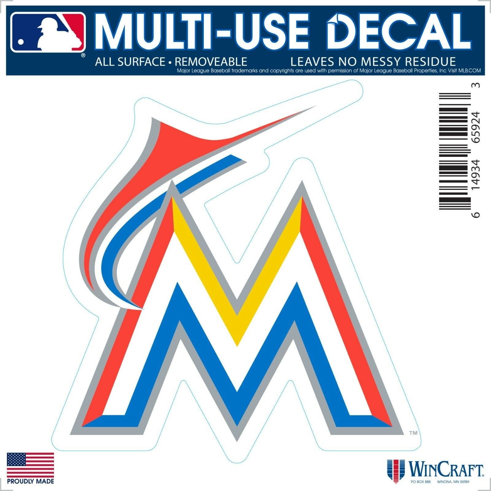 Miami Marlins 6 Inch Decal Sticker, Flat Vinyl, Die Cut, Primary Design, Full Adhesive Backing