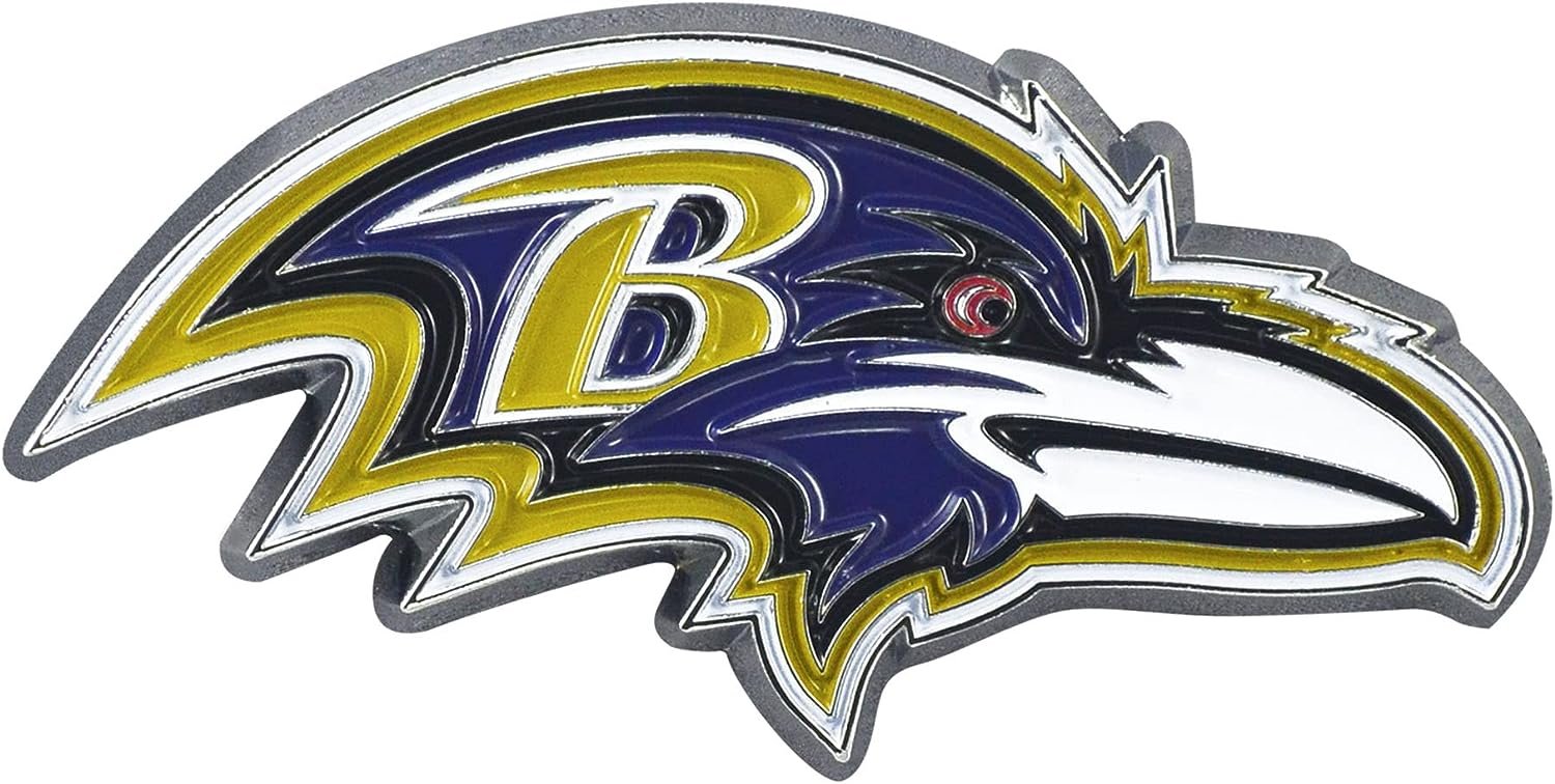 Baltimore Ravens Premium Solid Metal Color Raised Auto Emblem Shape Cut Adhesive Backing