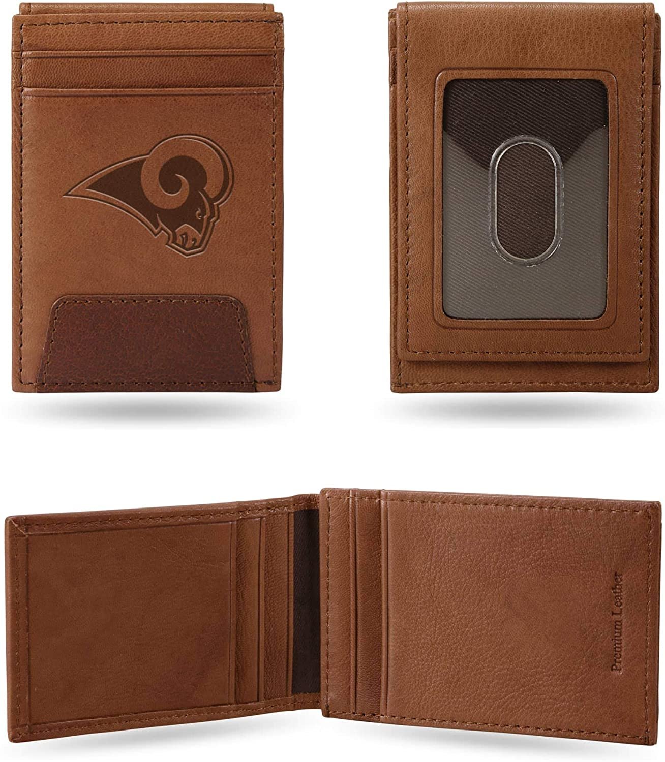 Los Angeles Rams Premium Brown Leather Wallet, Front Pocket Magnetic Money Clip, Laser Engraved