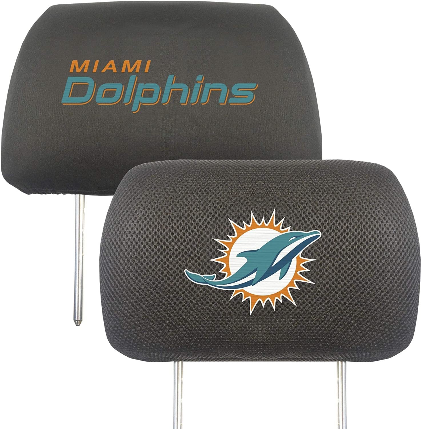 Miami Dolphins Pair of Premium Auto Head Rest Covers, Embroidered, Black Elastic, 14x10 Inch