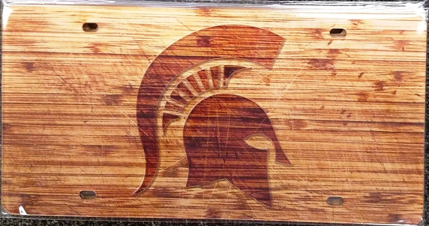 Michigan State University Spartans Premium Laser Cut Tag License Plate, Woodgrain Design, Mirrored Acrylic Inlaid, 6x12 Inch