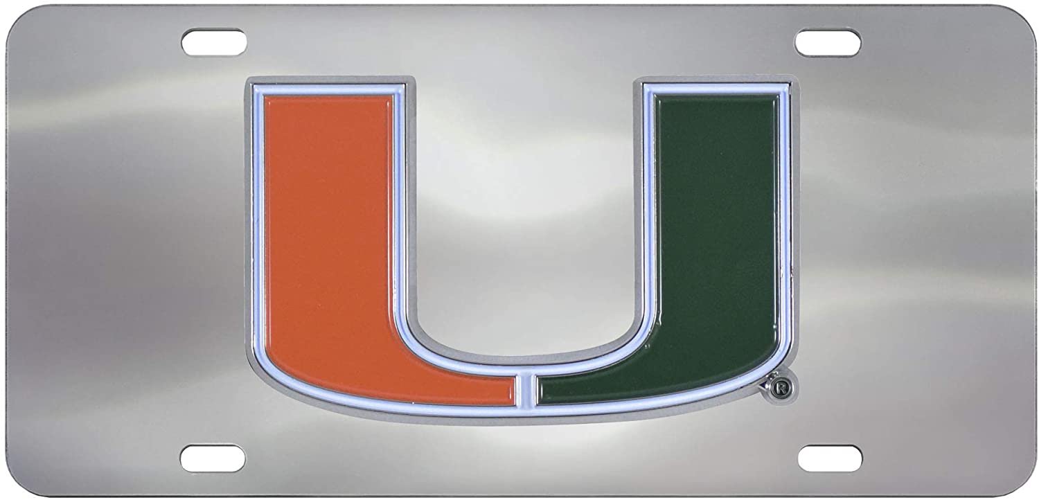 University of Miami Hurricanes License Plate Tag, Premium Stainless Steel Diecast, Chrome, Raised Solid Metal Color Emblem, 6x12 Inch