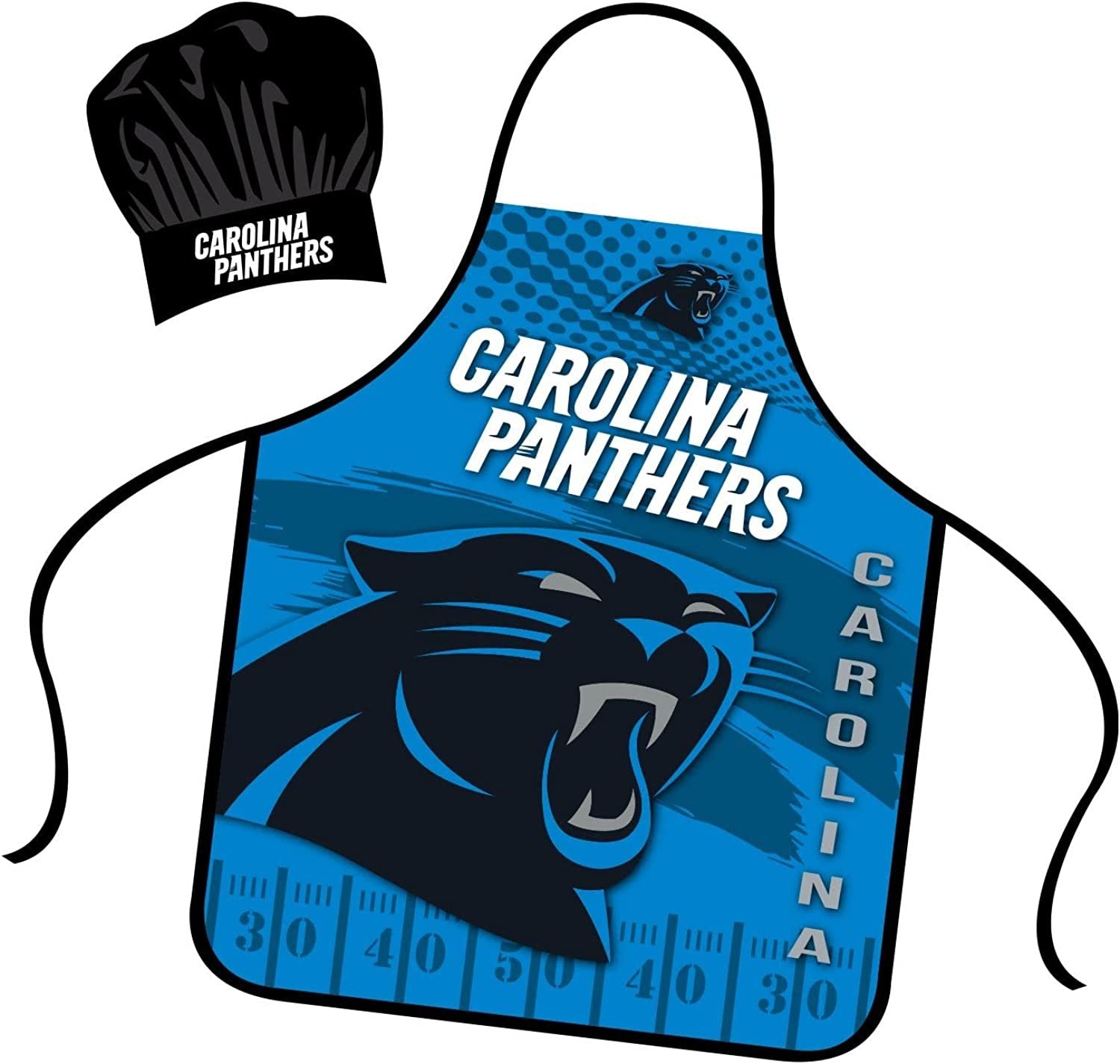 Carolina Panthers Apron Chef Hat Set Full Color Universal Size Tie Back Grilling Tailgate BBQ Cooking Host