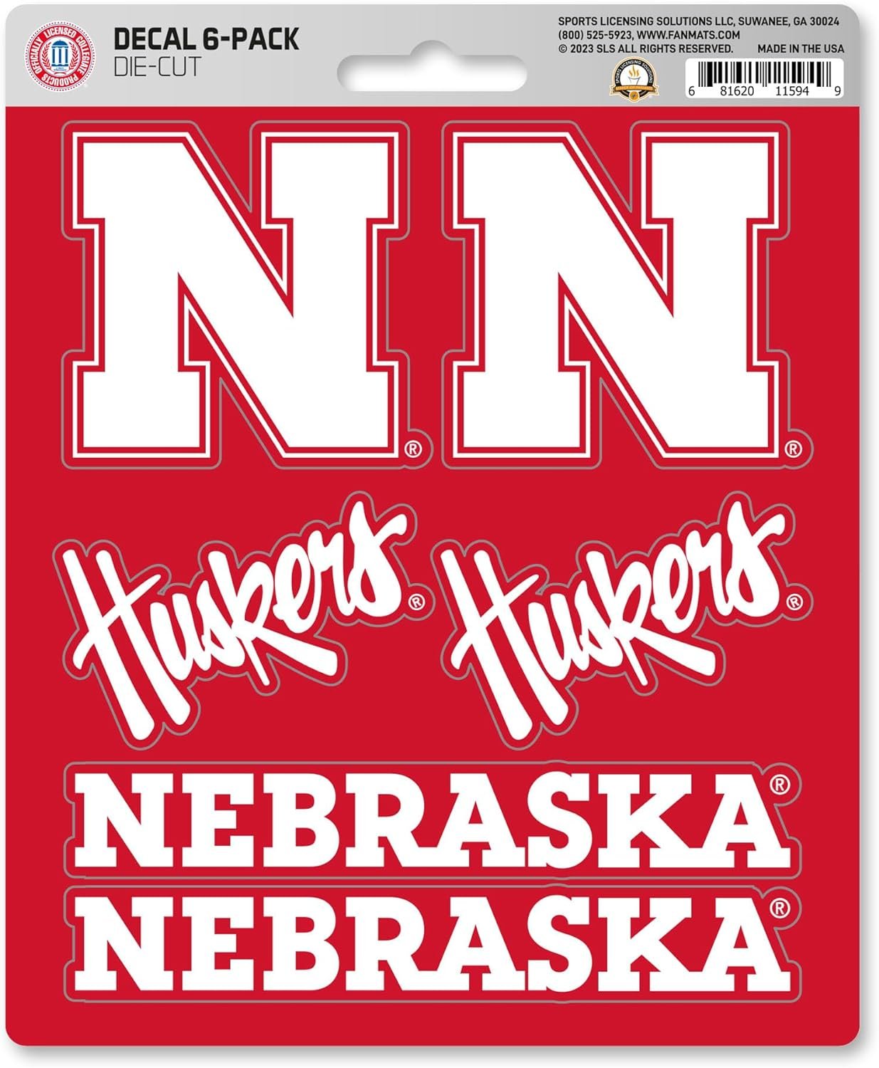 University of Nebraska Cornhuskers 6-Piece Decal Sticker Set, 5x6 Inch Sheet, Gift for football fans for any hard surfaces around home, automotive, personal items