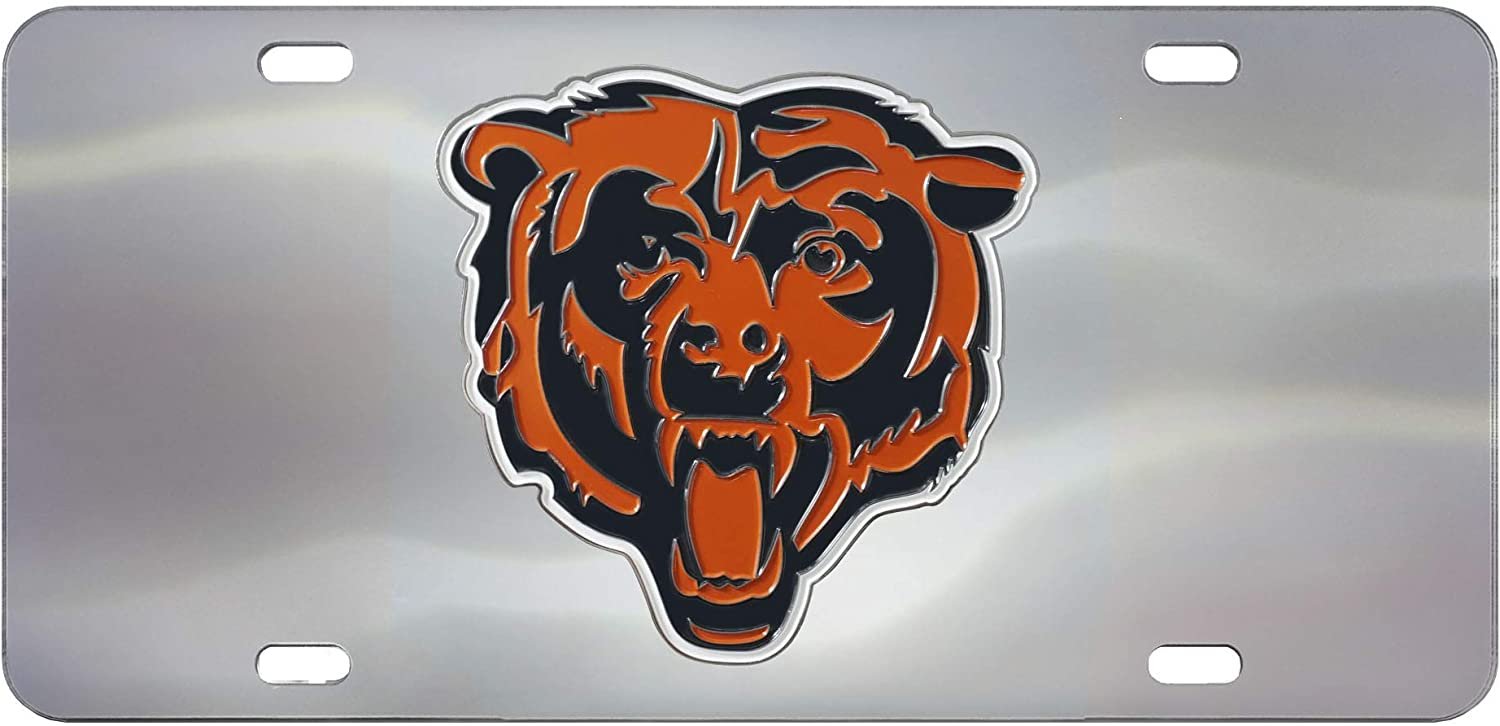 Chicago Bears License Plate Tag, Premium Stainless Steel Diecast, Chrome, Raised Solid Metal Color Emblem, 6x12 Inch