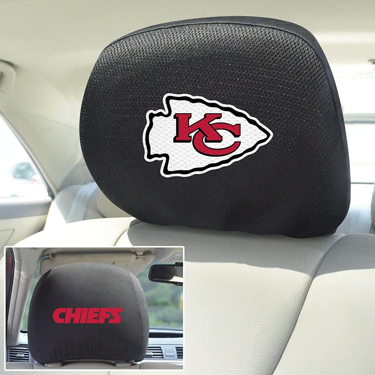 Kansas City Chiefs Pair of Premium Auto Head Rest Covers, Embroidered, Black Elastic, 14x10 Inch