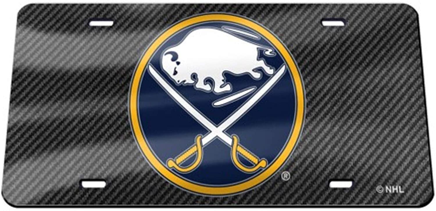 Buffalo Sabres Premium Laser Cut Tag License Plate, Carbon Fiber Design, Mirrored Acrylic Inlaid, 6x12 Inch