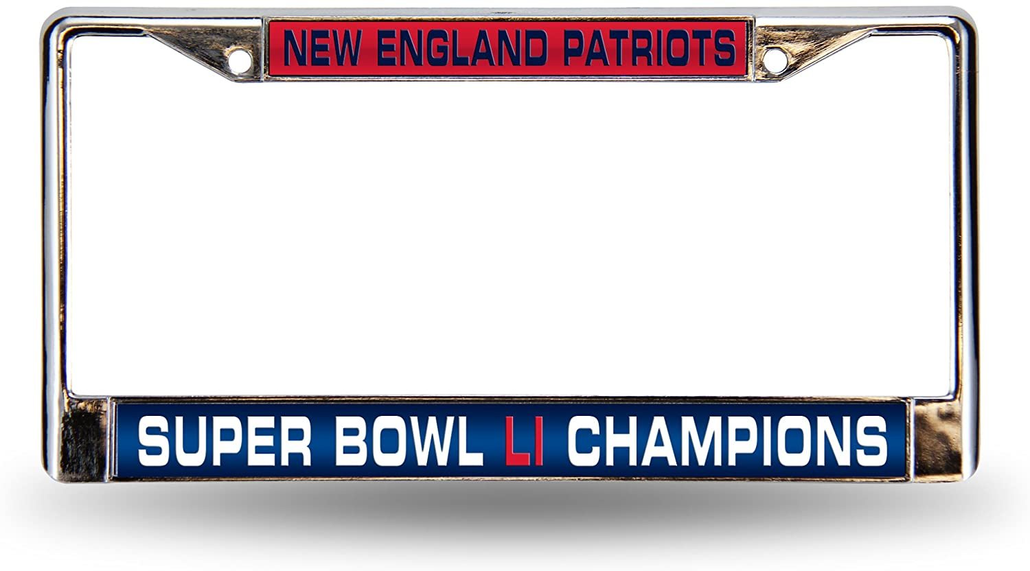 New England Patriots Super Bowl LI Champions Chrome Metal License Plate Frame Tag Cover, Laser Mirrored Inserts, 12x6 Inch