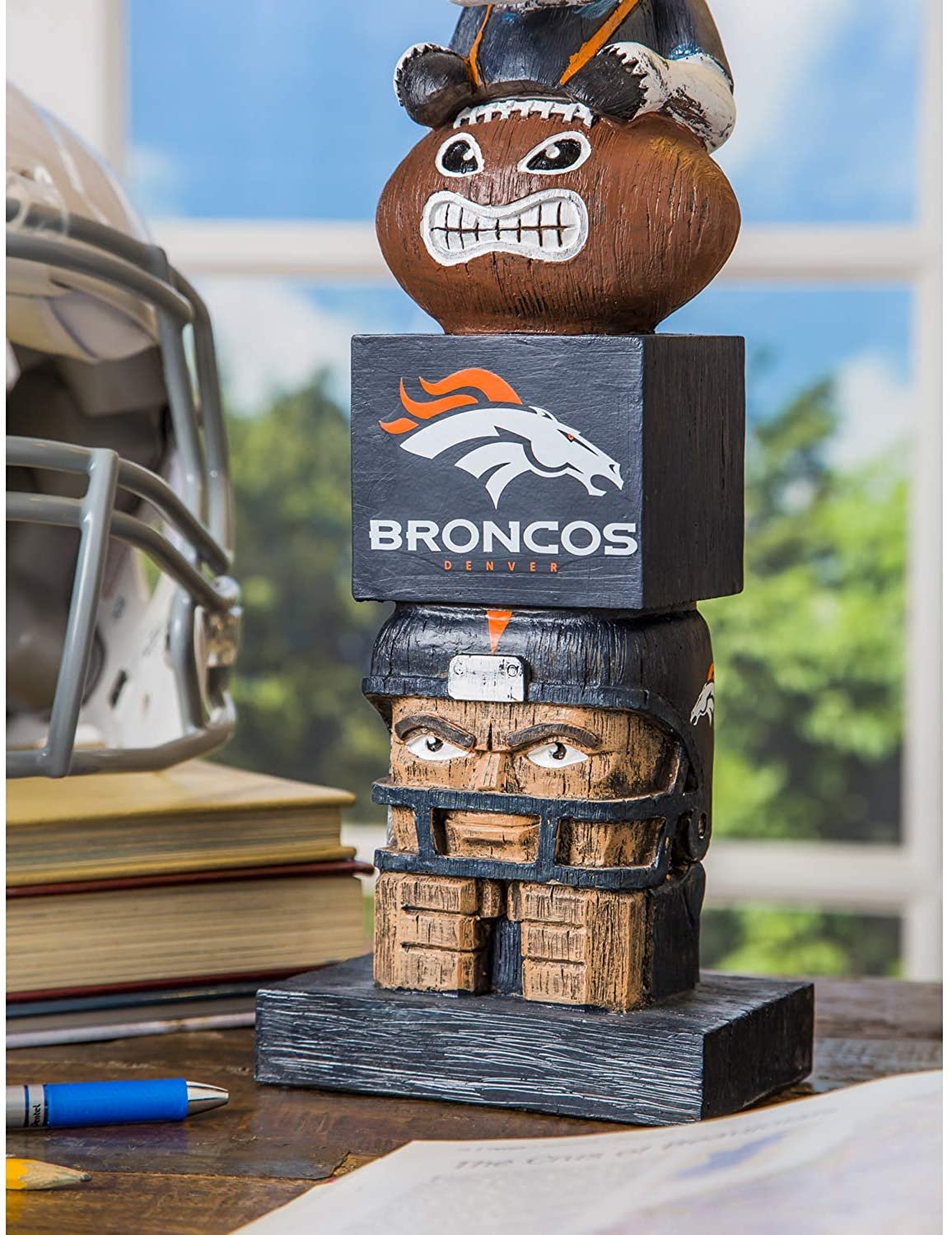 Denver Broncos Garden Statue, Tiki Totem Style, Outdoor or Indoor Use, 16 Inch Tall, Beautiful Hand Painted Resin Construction